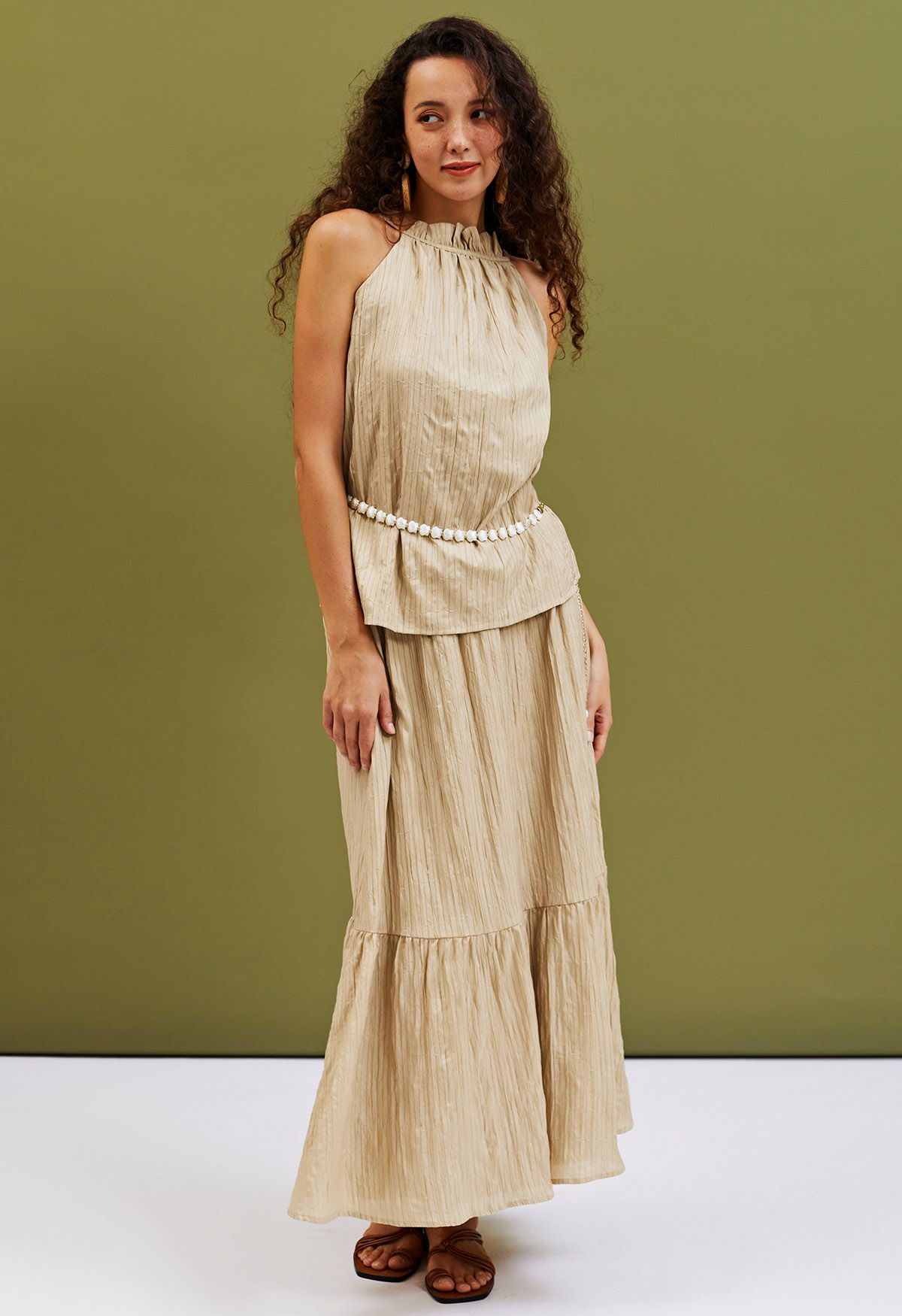 Striped Halter Top and Frilling Maxi Skirt Set in Light Tan