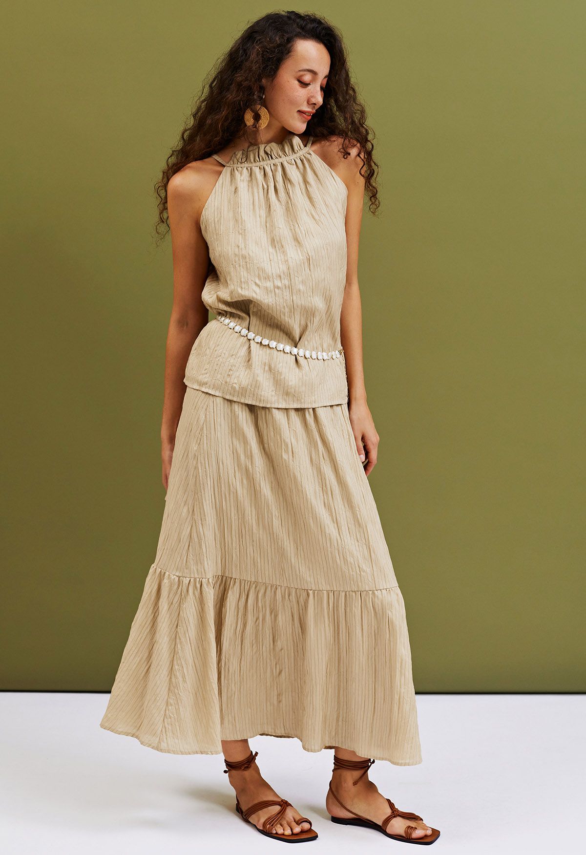 Striped Halter Top and Frilling Maxi Skirt Set in Light Tan