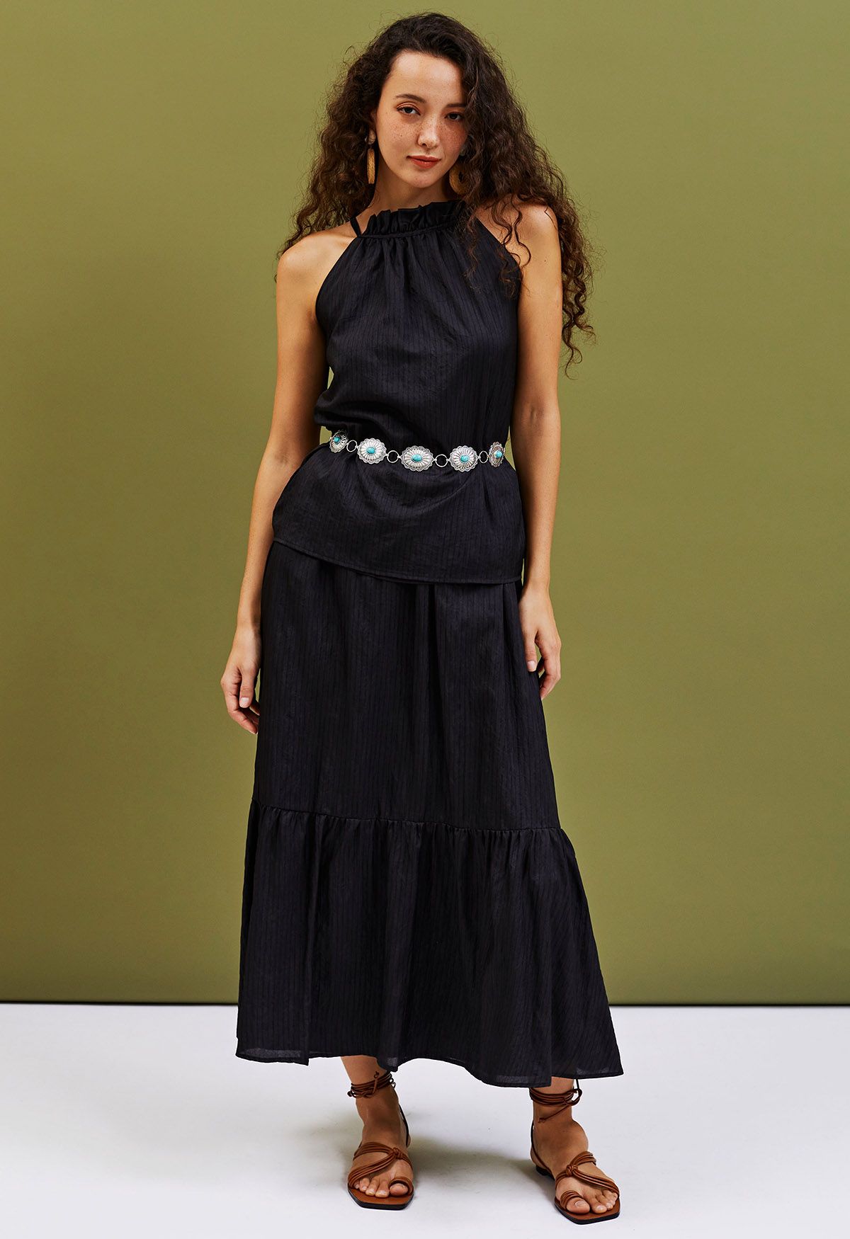 Striped Halter Top and Frilling Maxi Skirt Set in Black