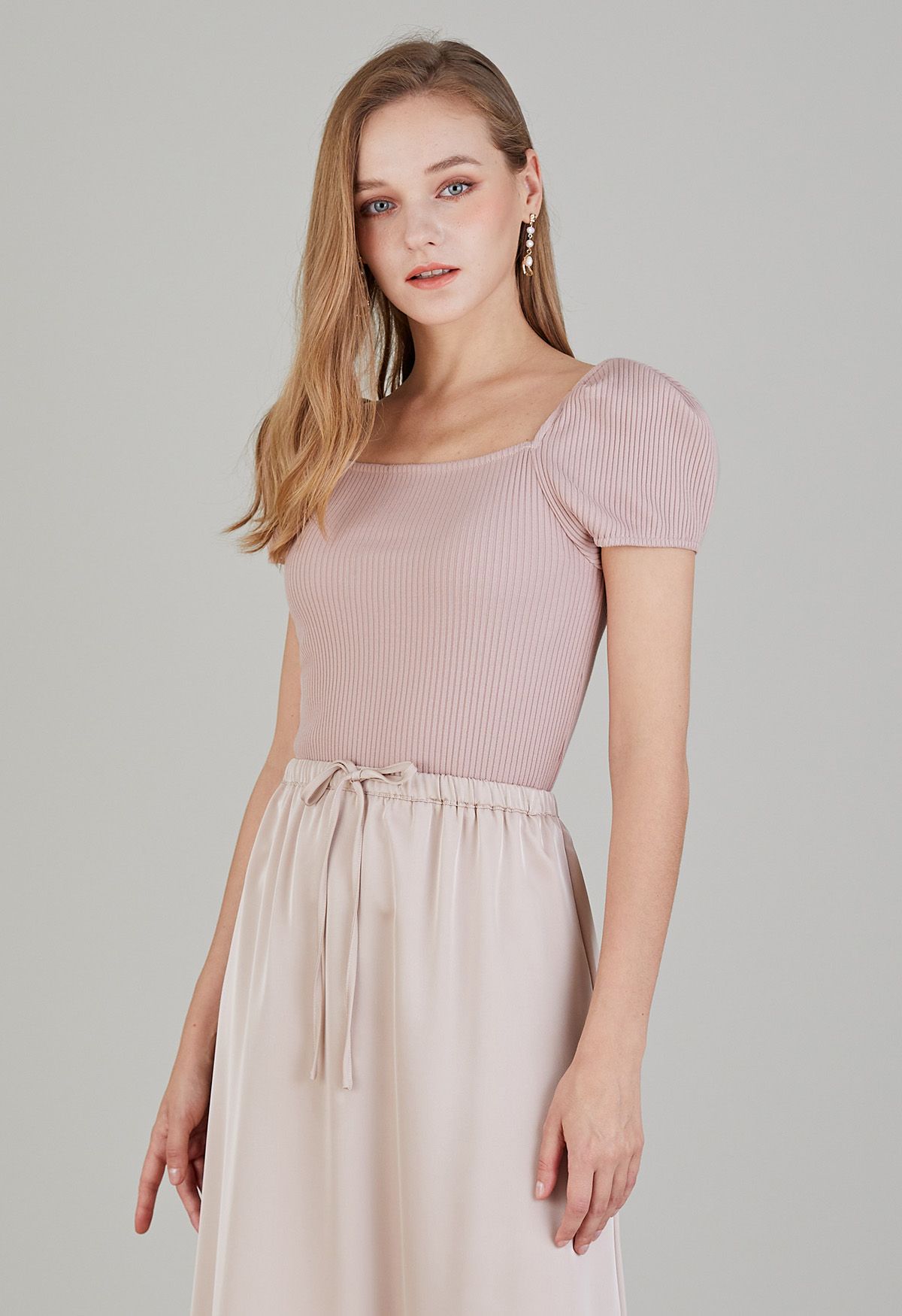 Square Neck Puff Shoulder Cotton Top in Pink