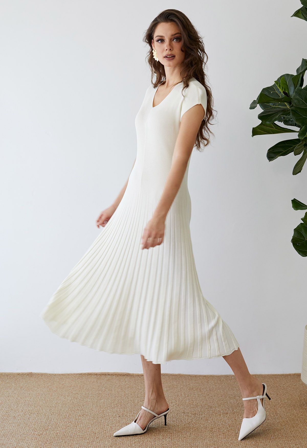 V-Neck Short-Sleeve Pleated Knit Dress in Cream