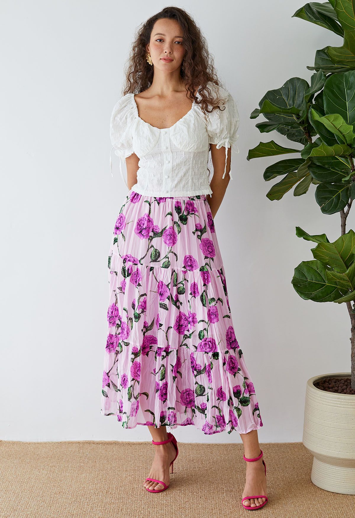 Violet Floral Printed Chiffon Maxi Skirt in Lilac