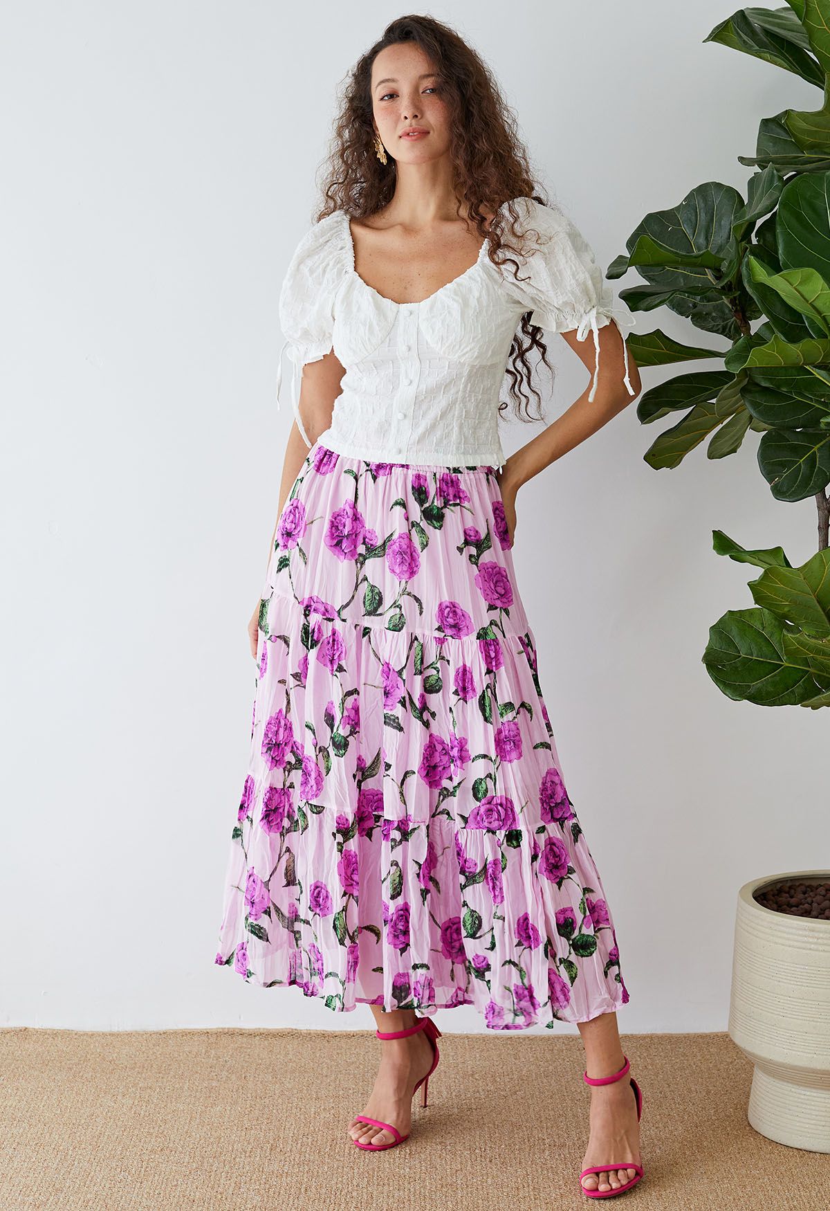 Violet Floral Printed Chiffon Maxi Skirt in Lilac