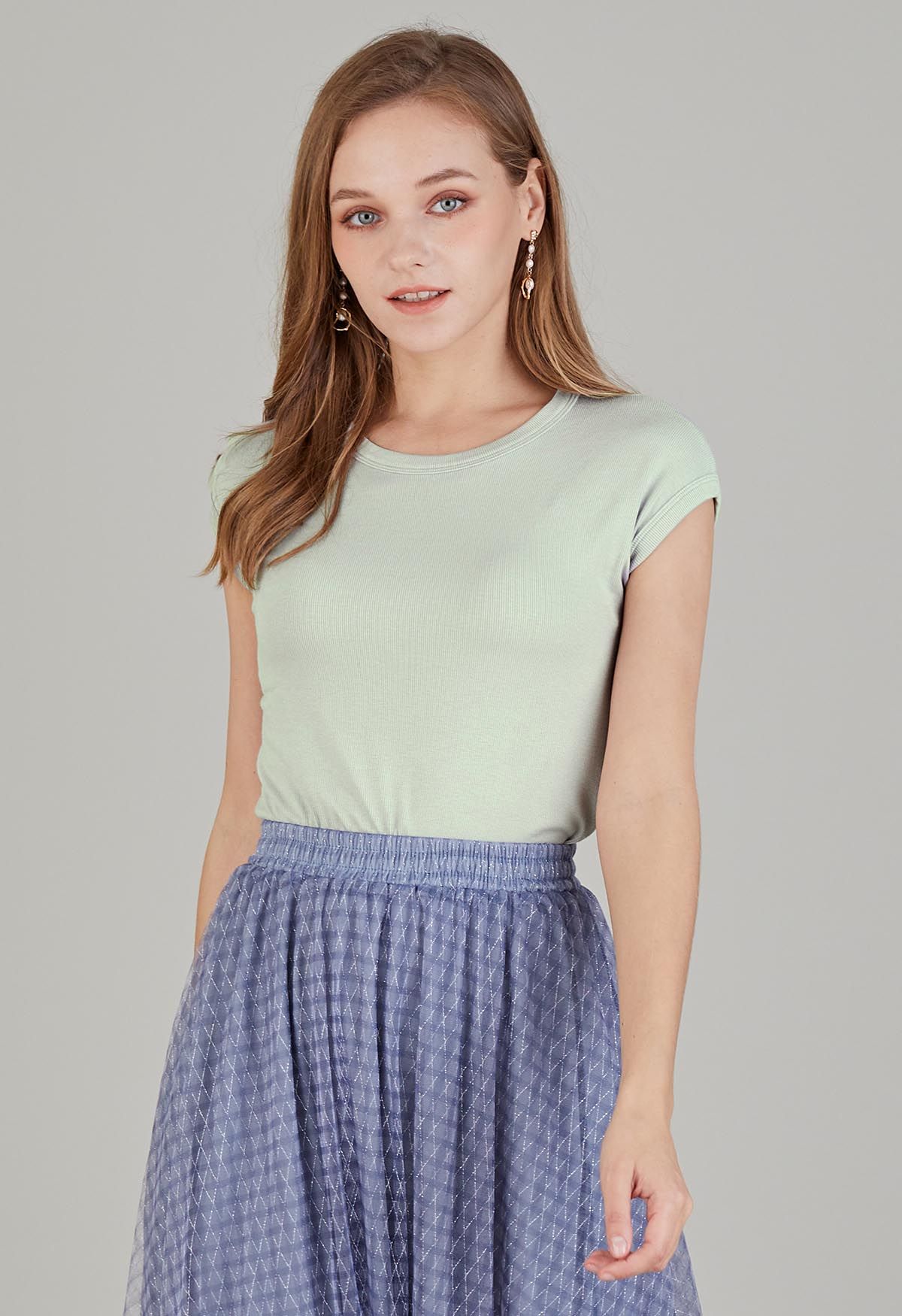 Elegant Crew Neck Cotton Crop Top in Mint