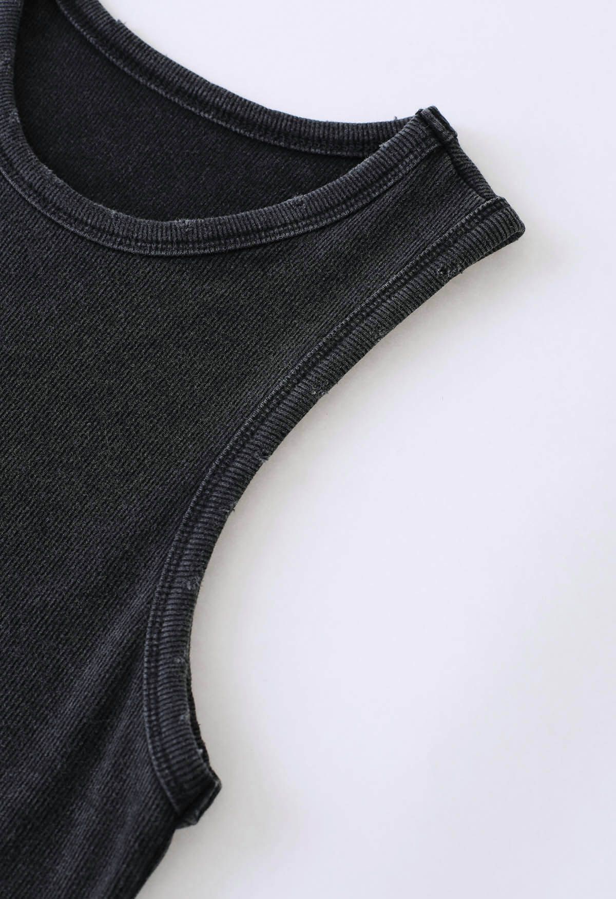 Washed Frayed Edge Ribbed Tank Top in Black