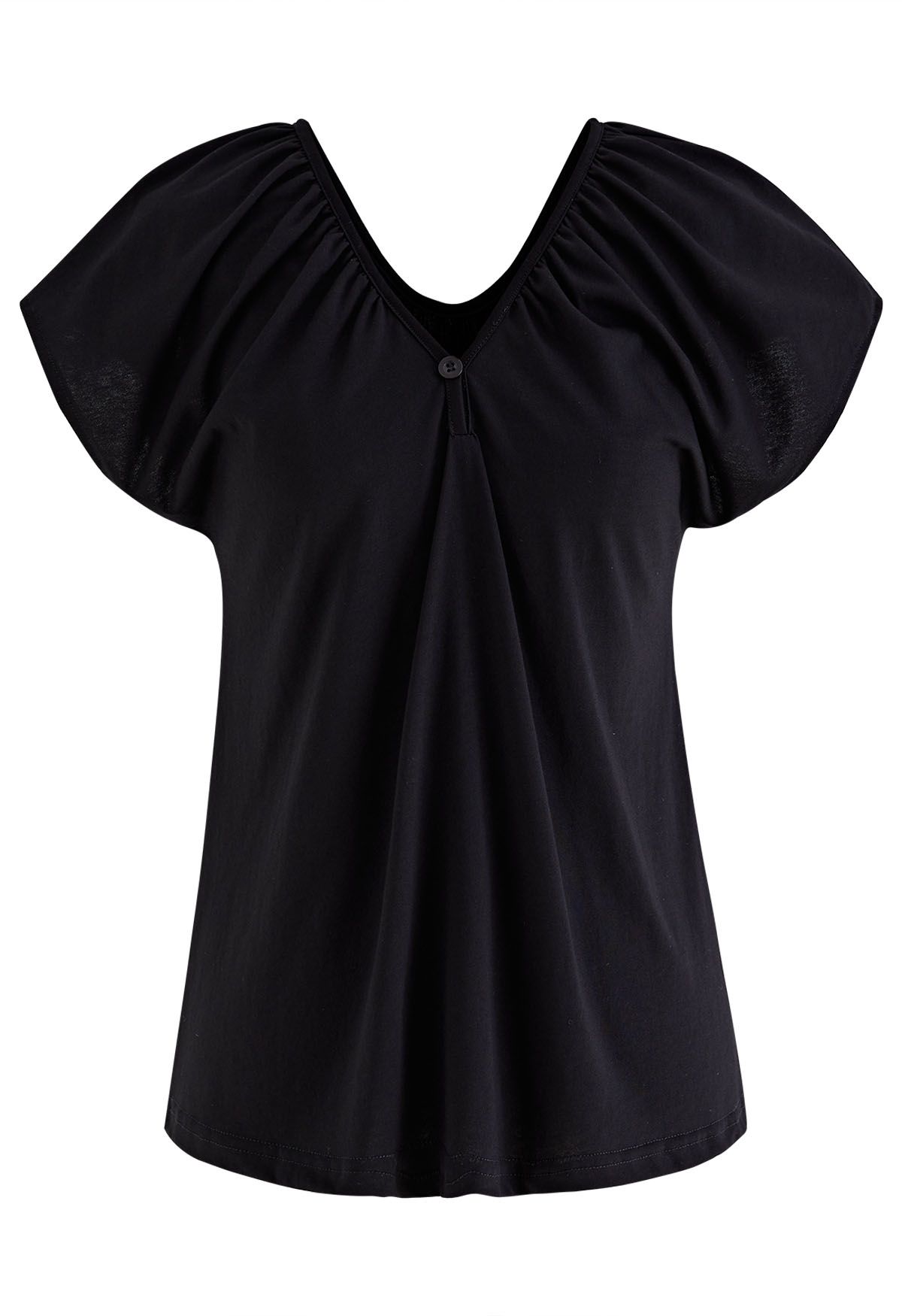 Button Trim V-Neck Flutter Sleeve Top