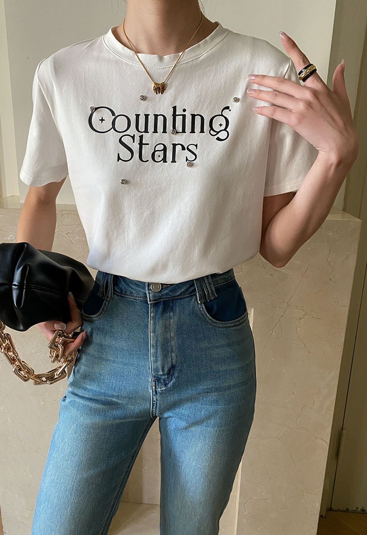 Counting Stars Print Crew Neck T-Shirt in White