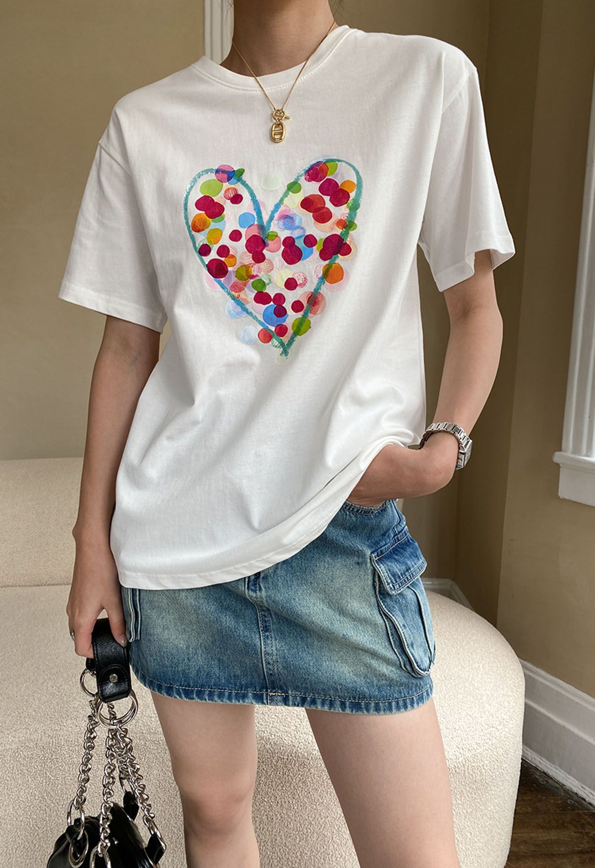 Doodle Heart Printed T-Shirt in White