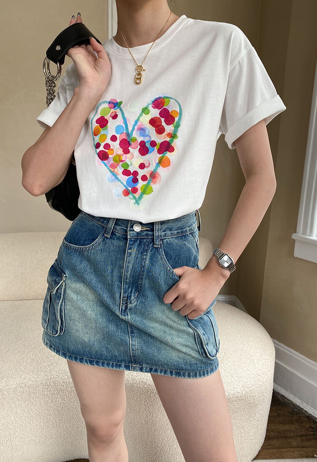 Doodle Heart Printed T-Shirt in White