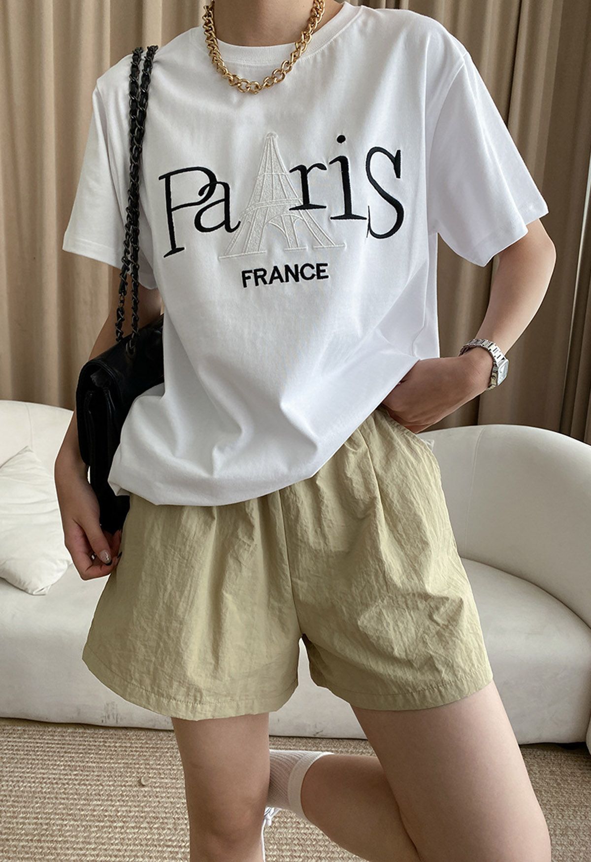 Eiffel Tower Embroidered Crew Neck T-Shirt in White