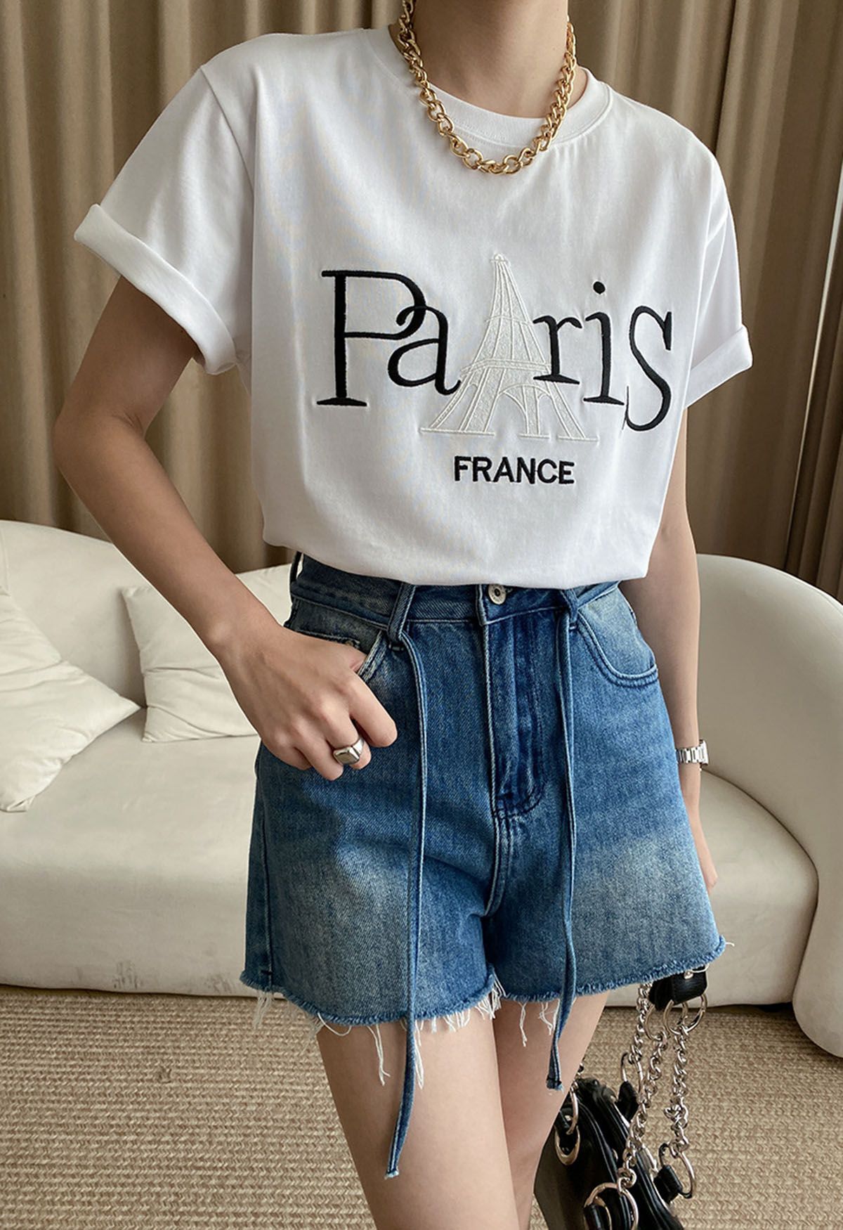 Eiffel Tower Embroidered Crew Neck T-Shirt in White