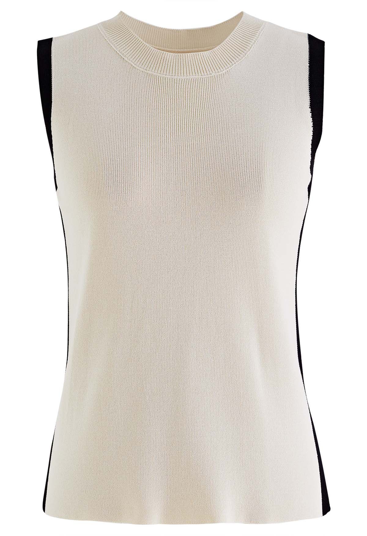 Contrast Details Knit Tank Top in Ivory