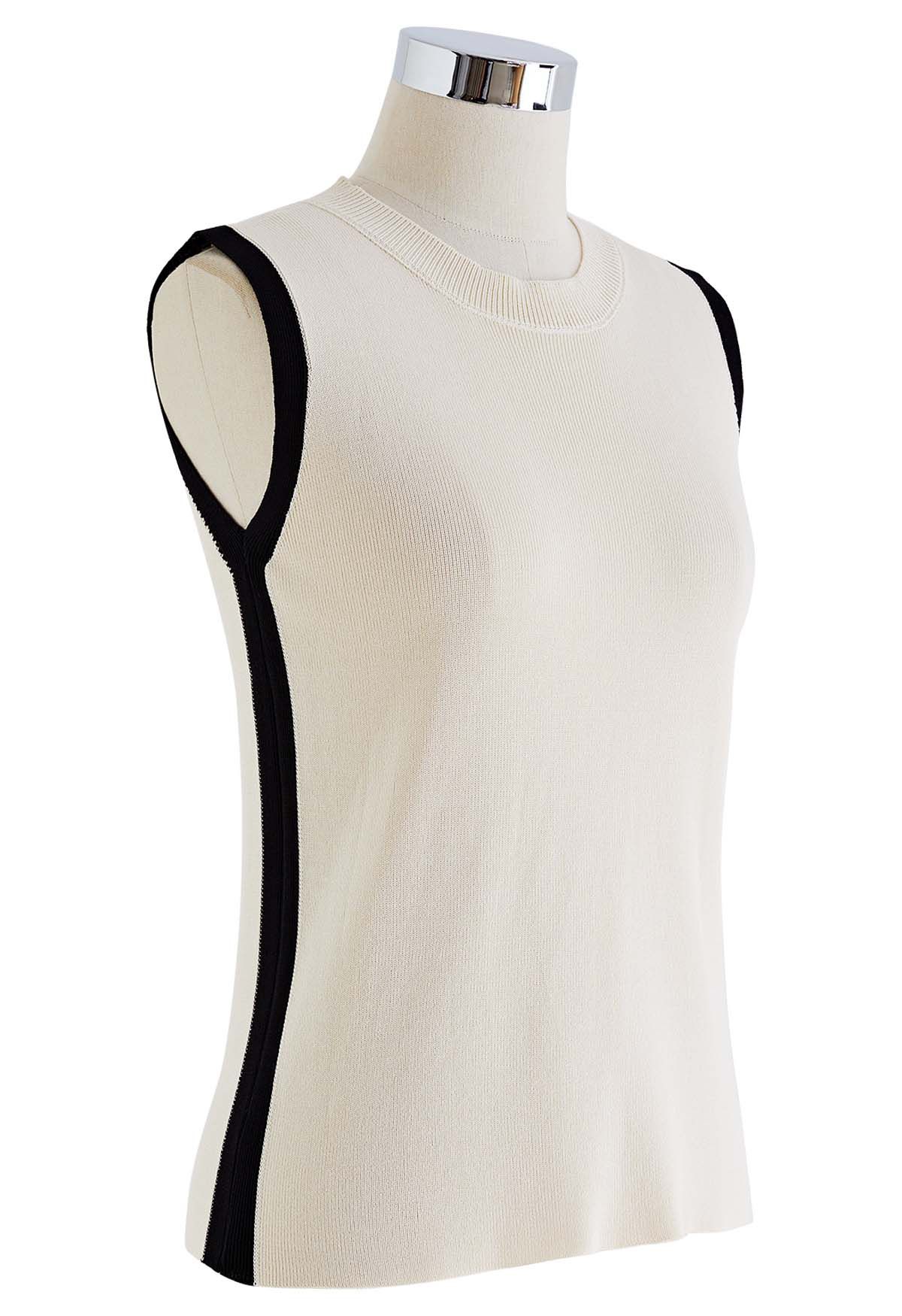 Contrast Details Knit Tank Top in Ivory