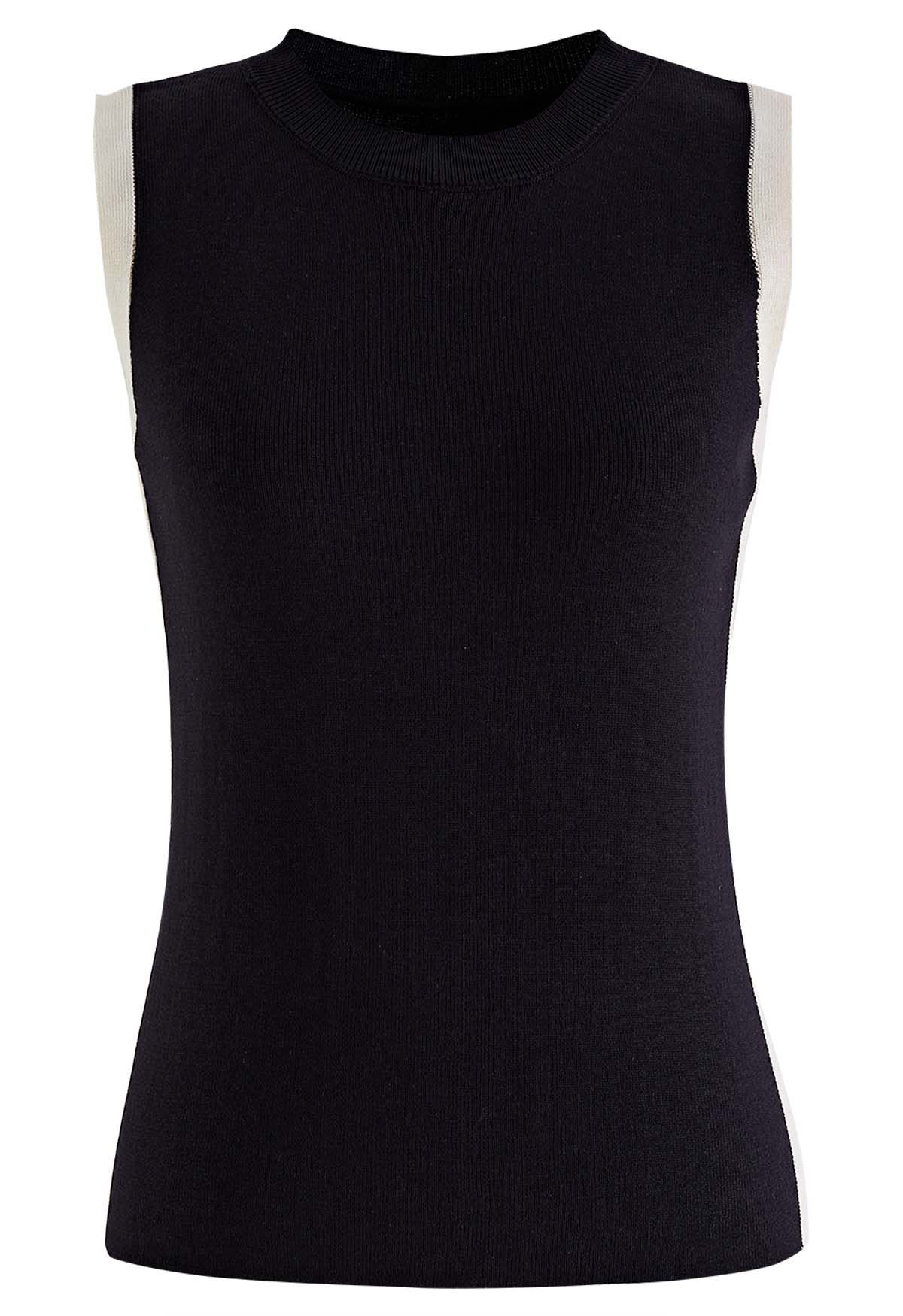 Contrast Details Knit Tank Top in Black