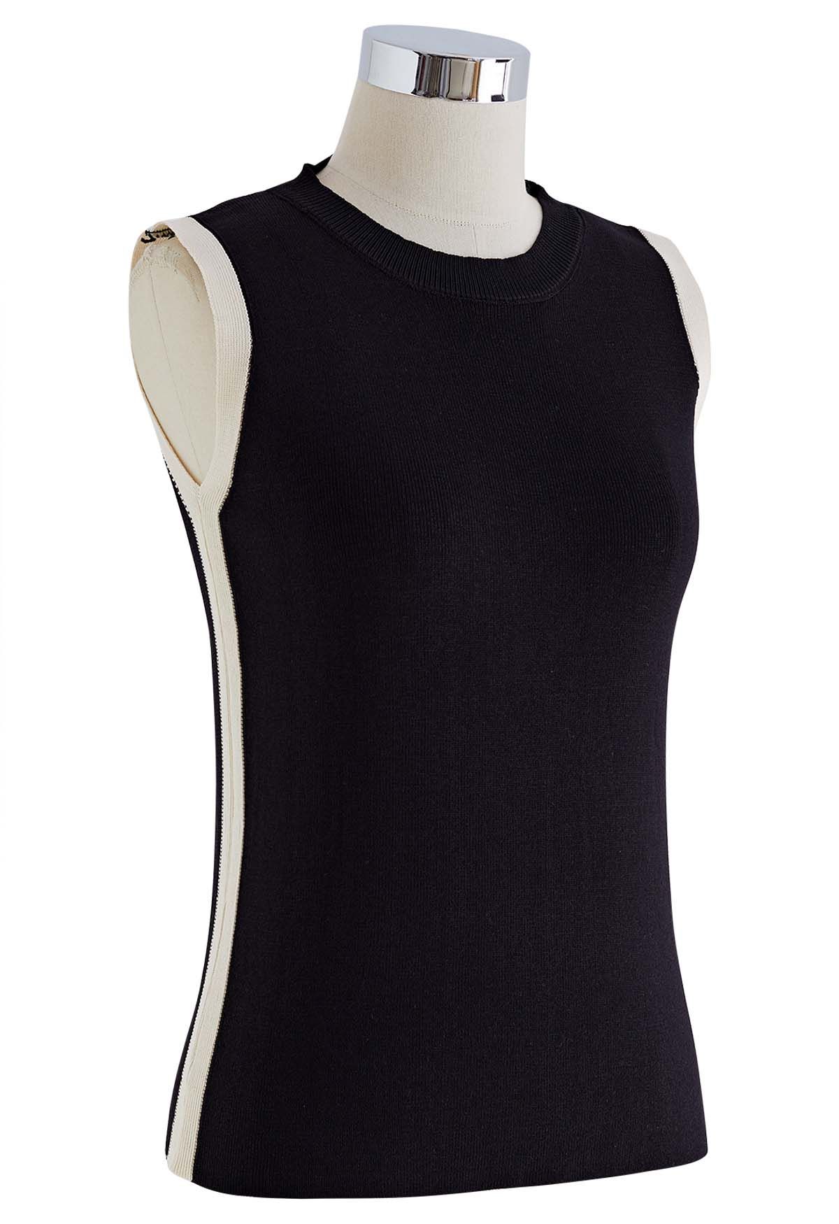 Contrast Details Knit Tank Top in Black