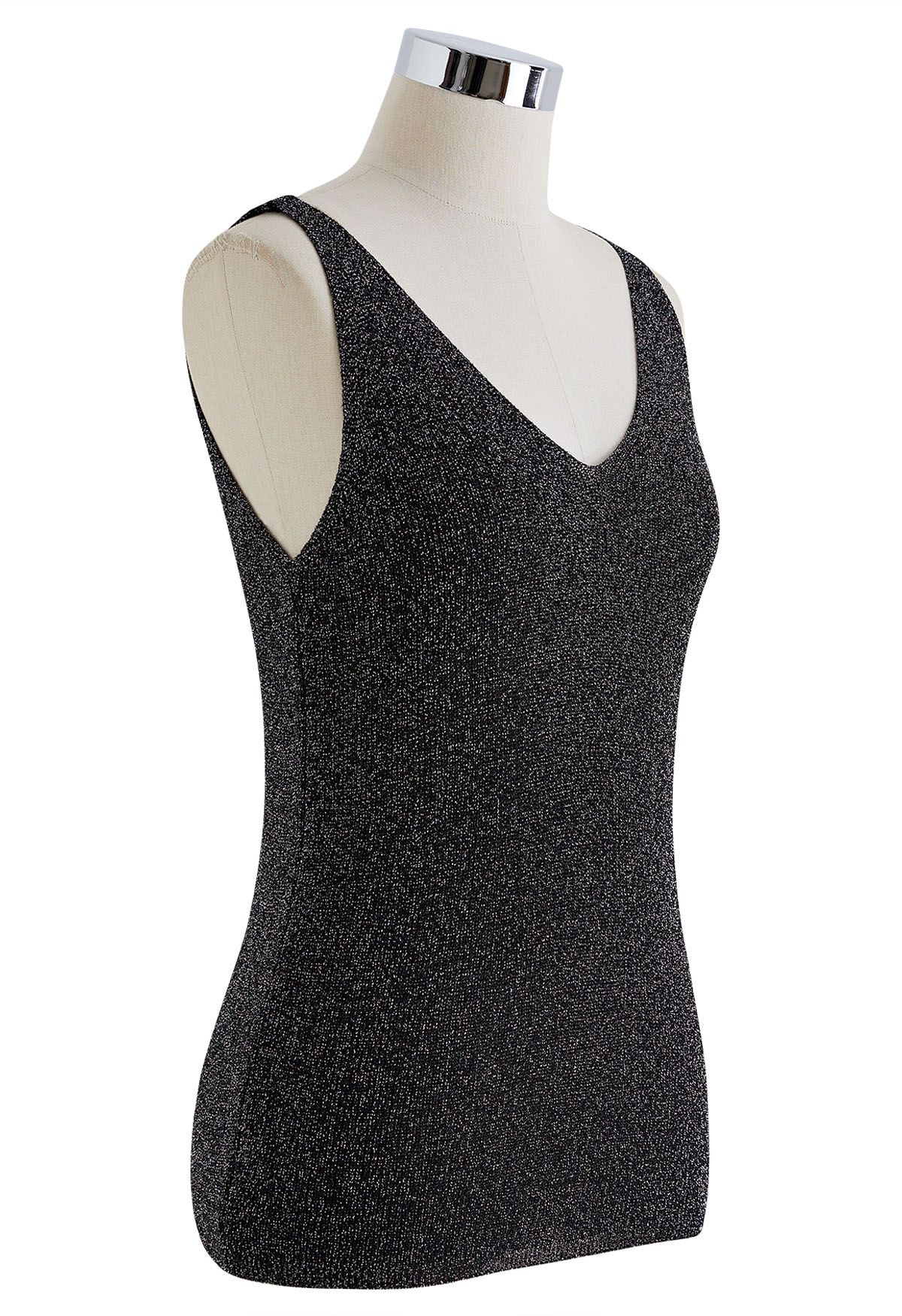 V-Neck Shimmer Knit Tank Top in Black