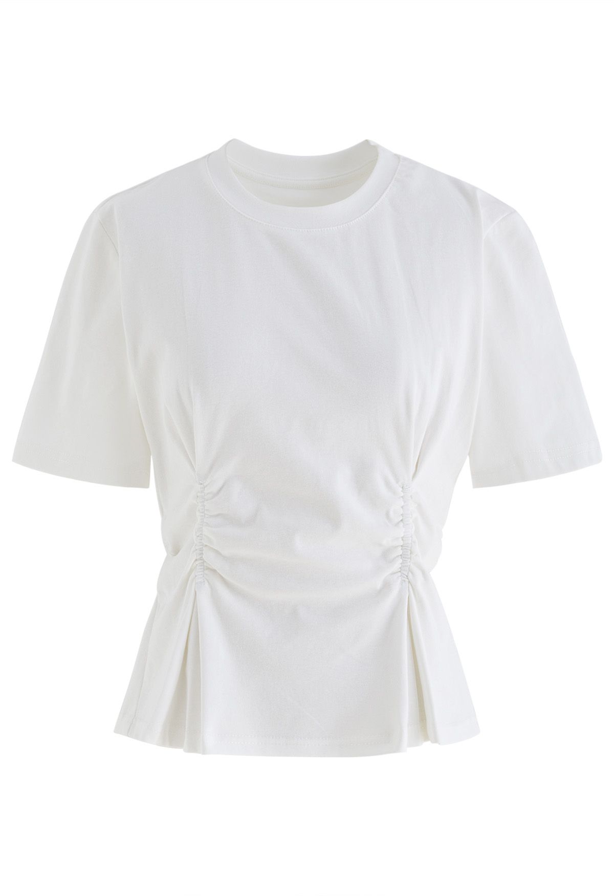 Gathering Ruched Crew Neck T-Shirt in White