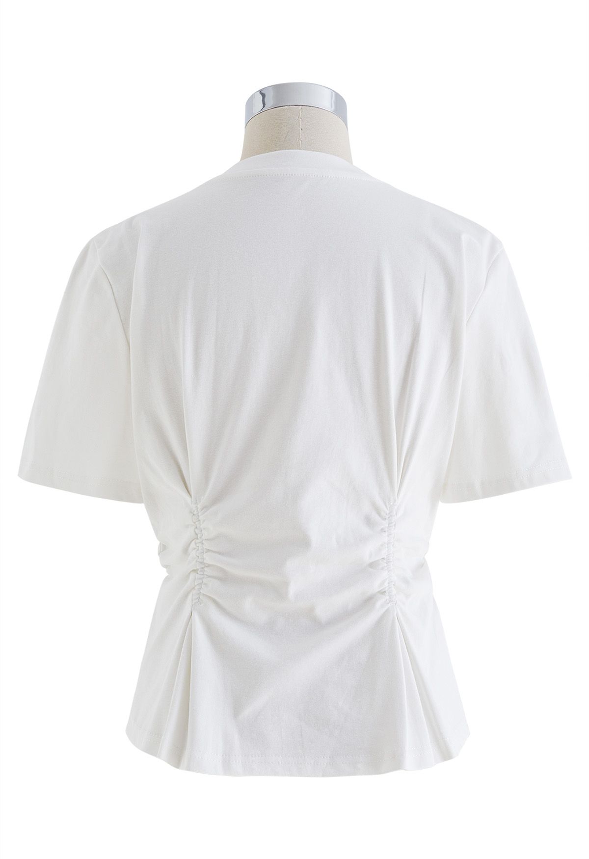 Gathering Ruched Crew Neck T-Shirt in White