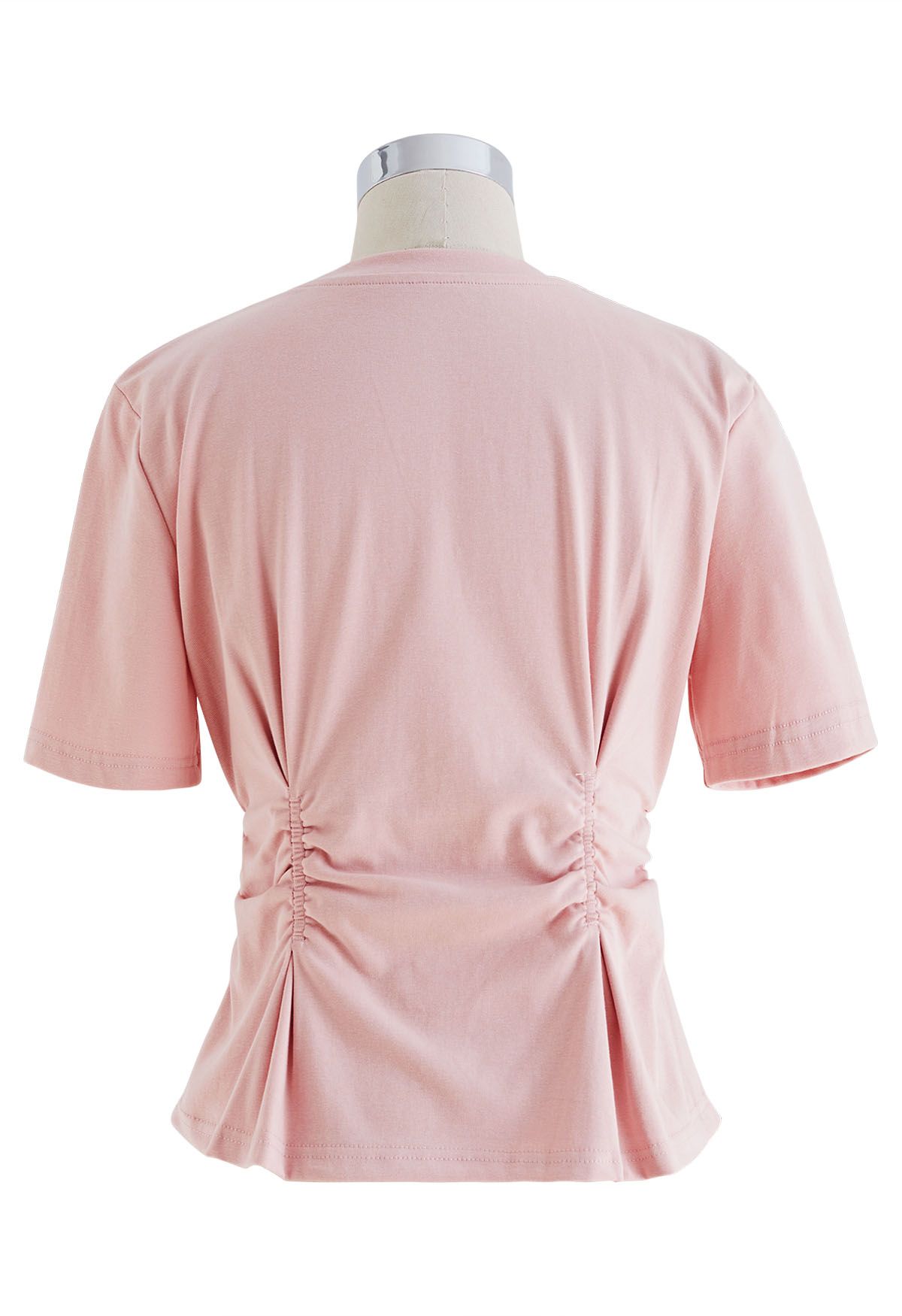 Gathering Ruched Crew Neck T-Shirt in Pink