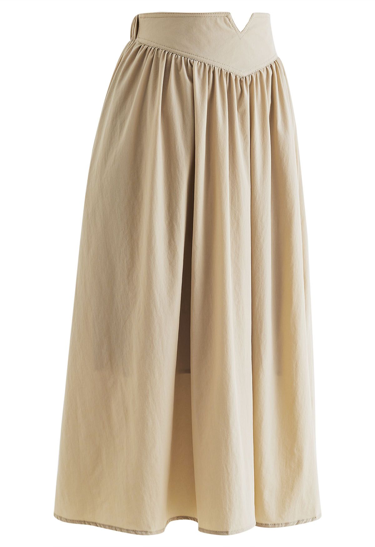 Notched Waist Flare Midi Skirt in Light Tan