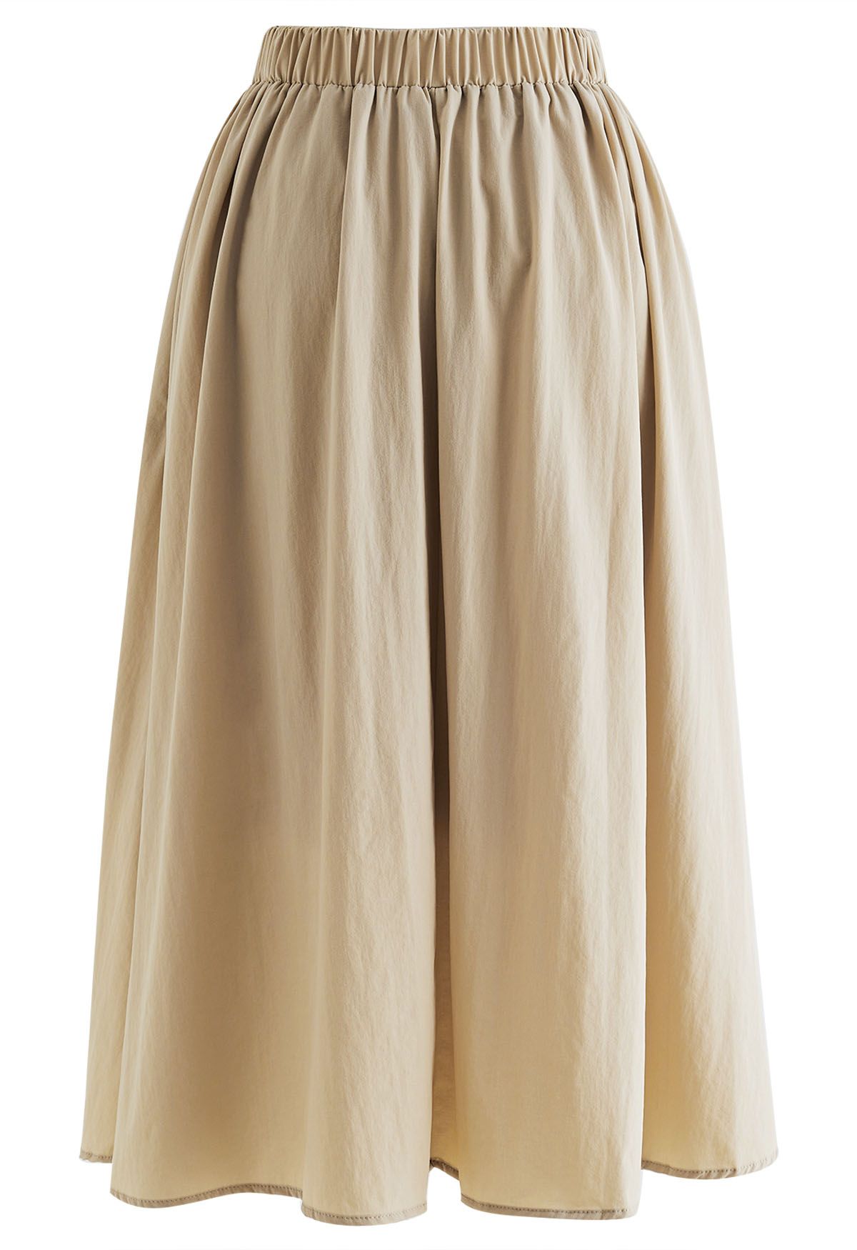 Notched Waist Flare Midi Skirt in Light Tan