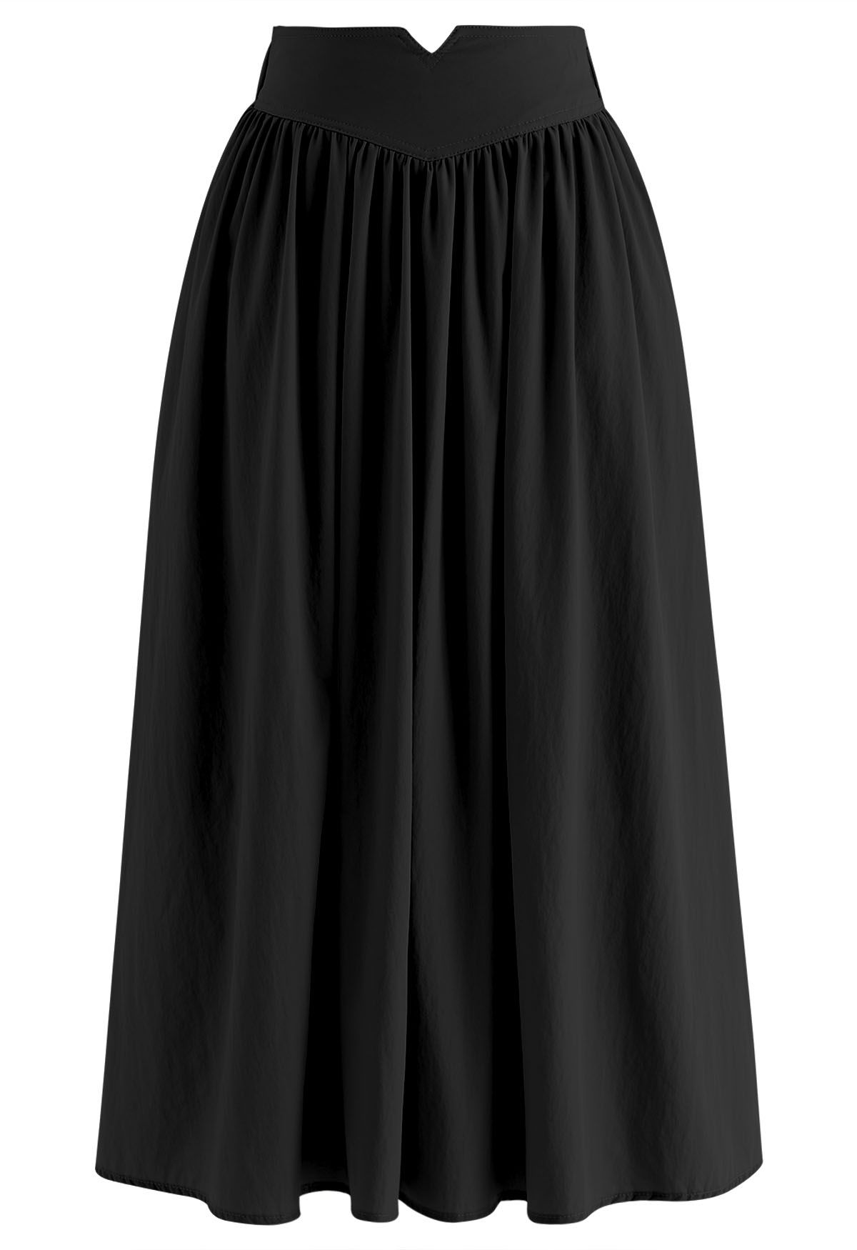 Notched Waist Flare Midi Skirt in Black