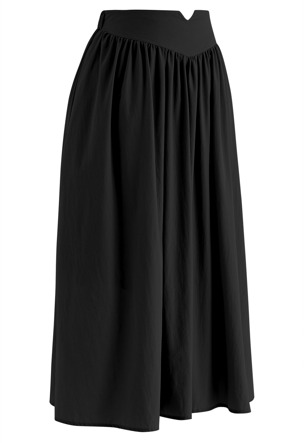 Notched Waist Flare Midi Skirt in Black