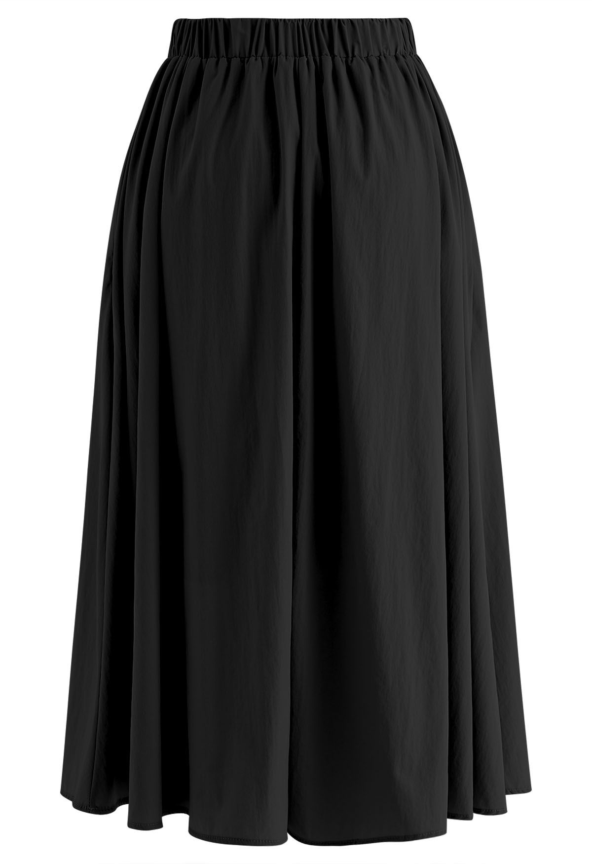 Notched Waist Flare Midi Skirt in Black