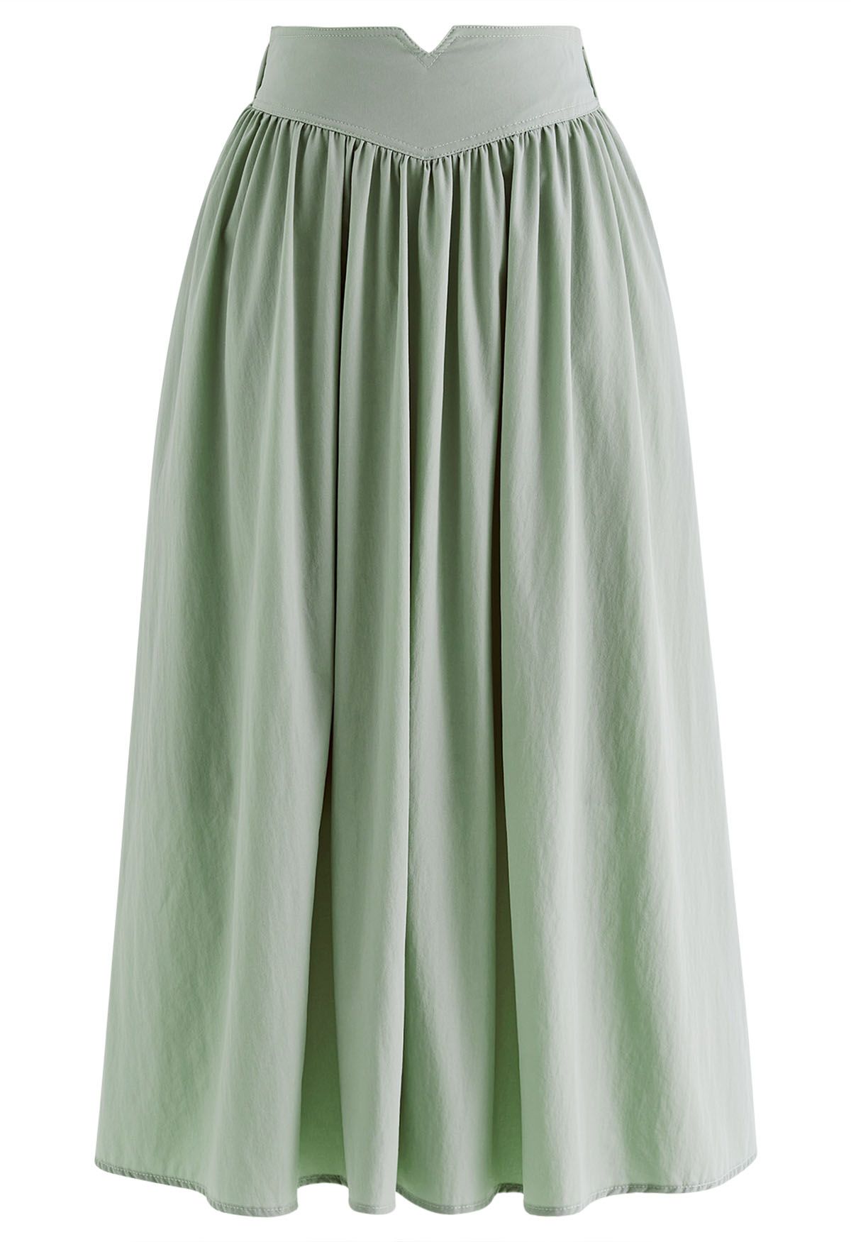 Notched Waist Flare Midi Skirt in Pea Green