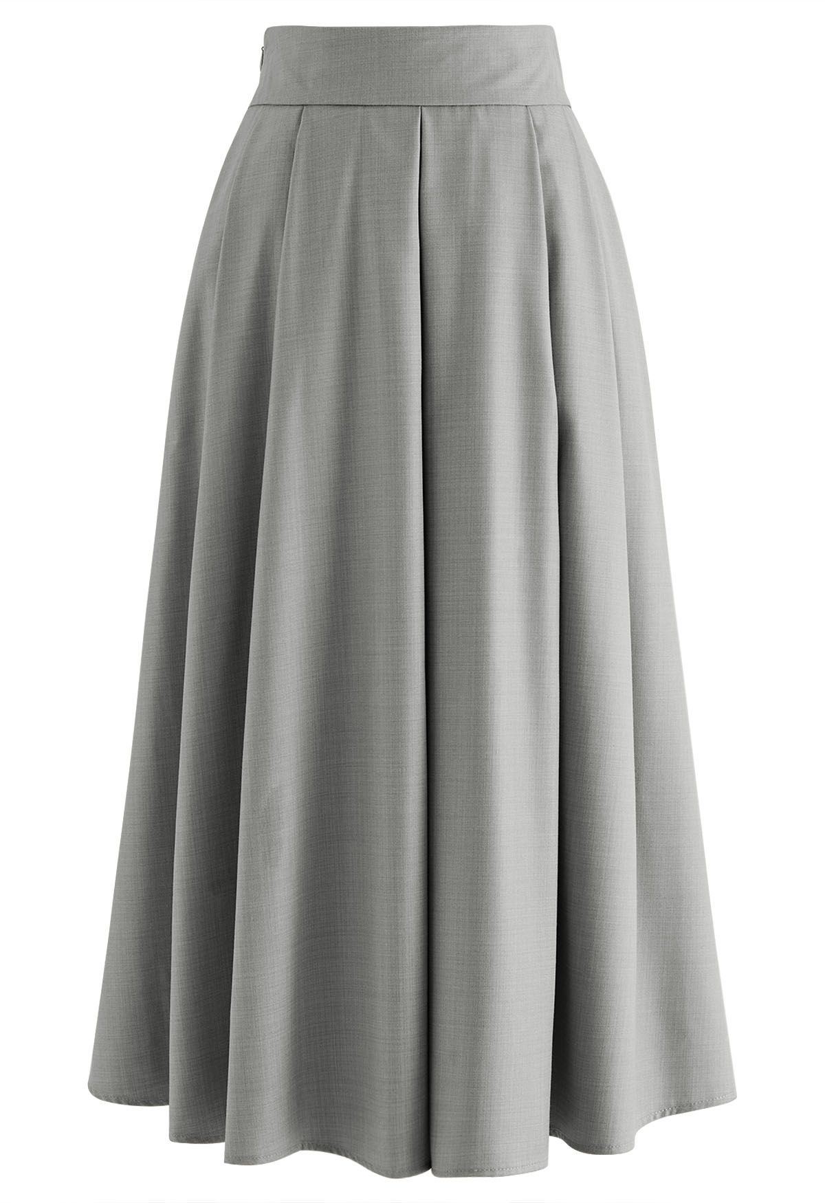 Side Pockets Pleated Midi Skirt in Grey