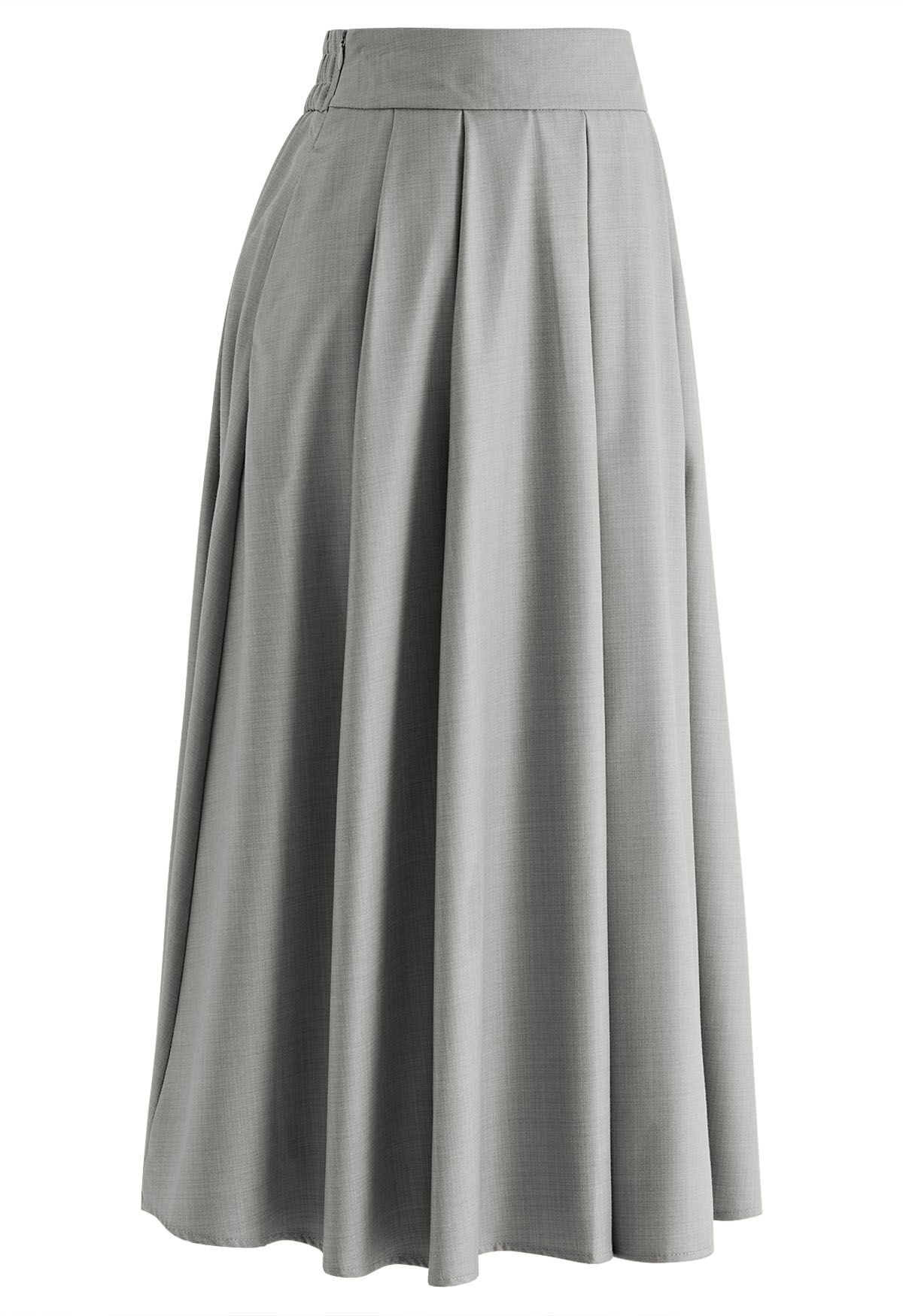 Side Pockets Pleated Midi Skirt in Grey