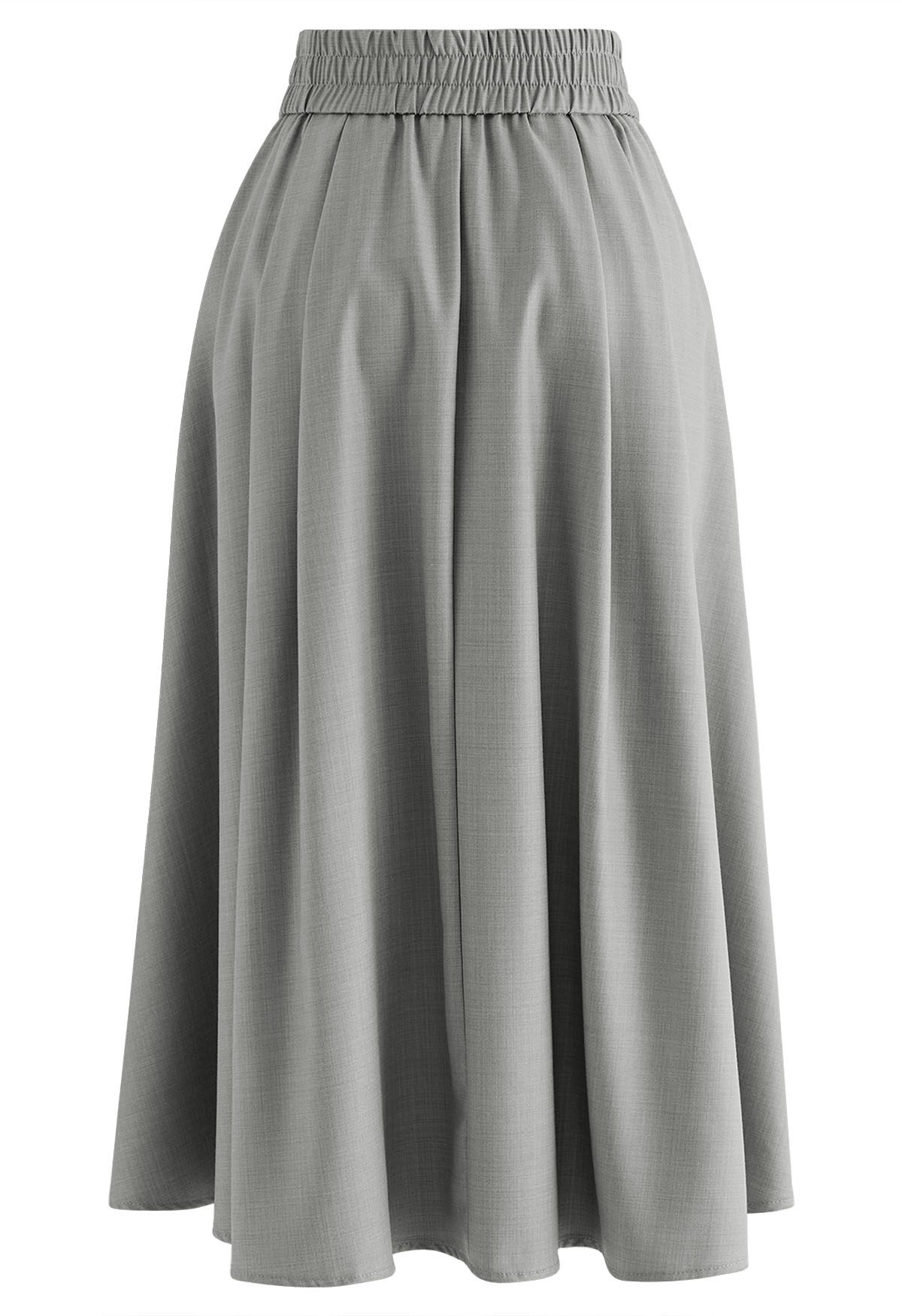 Side Pockets Pleated Midi Skirt in Grey