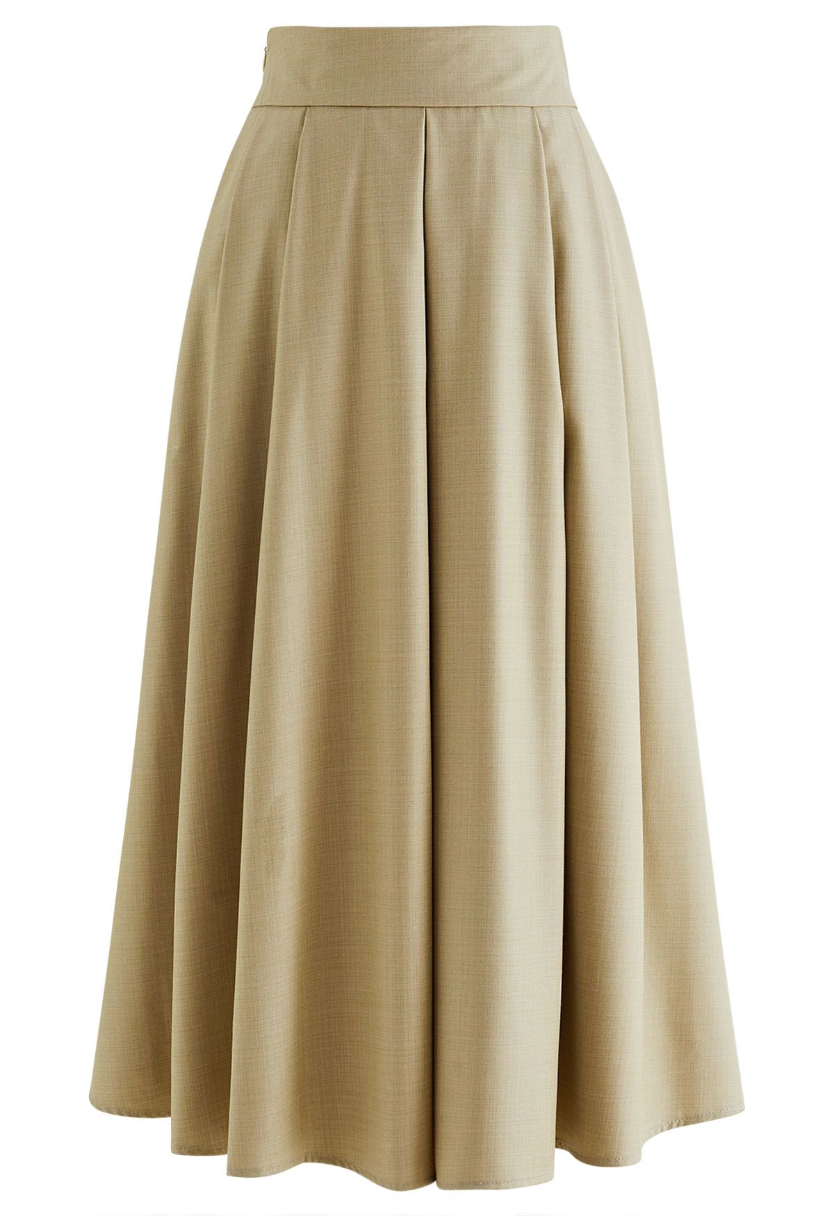 Side Pockets Pleated Midi Skirt in Khaki - Retro, Indie and Unique Fashion