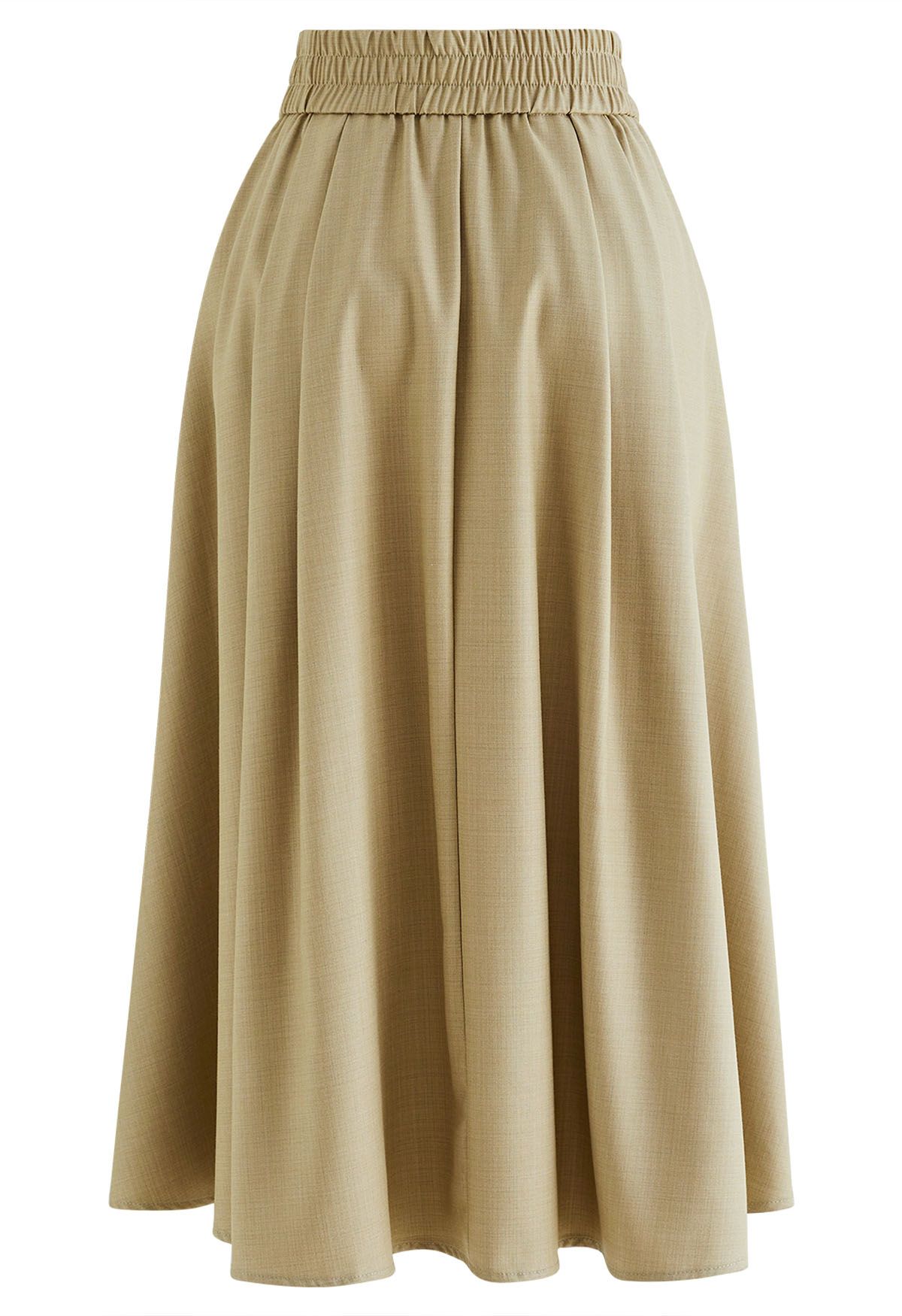 Side Pockets Pleated Midi Skirt in Khaki - Retro, Indie and Unique Fashion