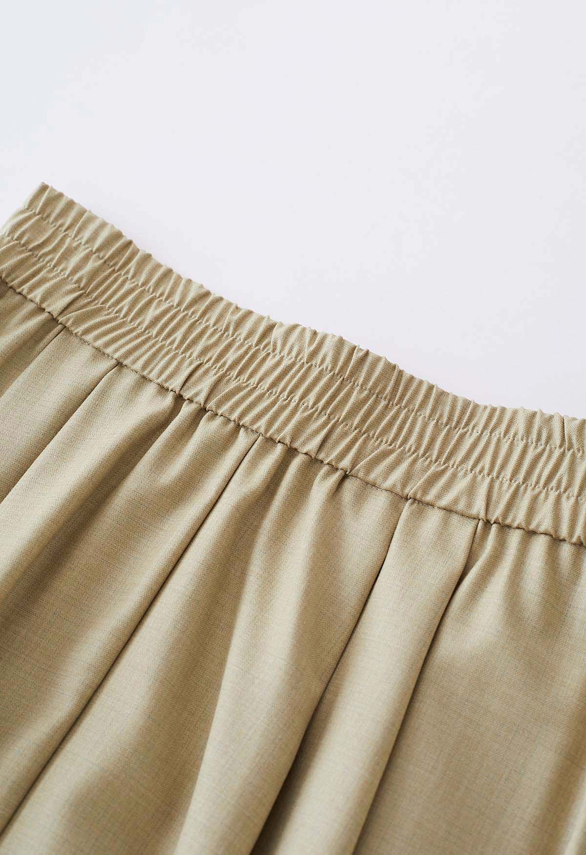 Side Pockets Pleated Midi Skirt in Khaki