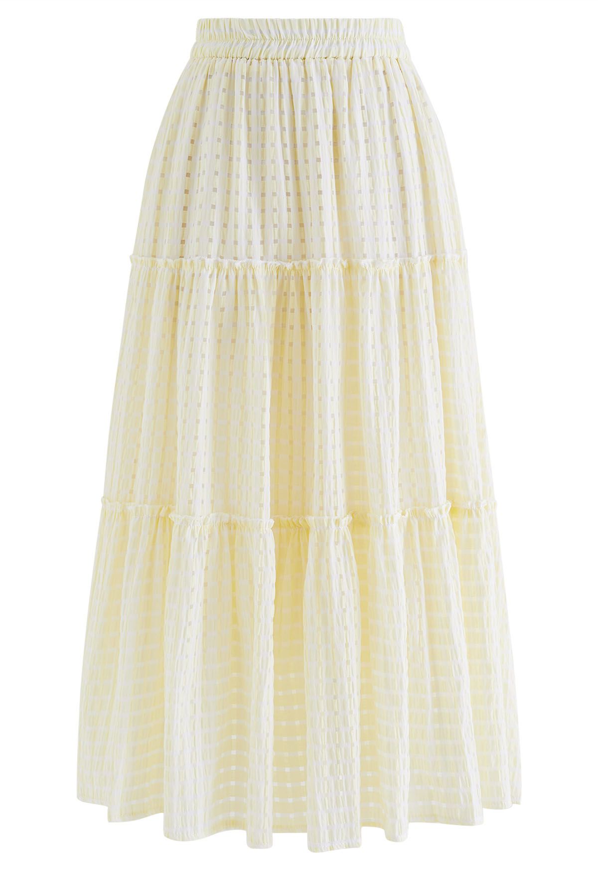 Check Pattern A-Line Midi Skirt in Light Yellow