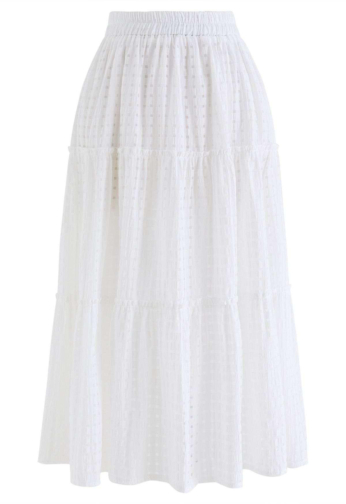 Check Pattern A-Line Midi Skirt in White