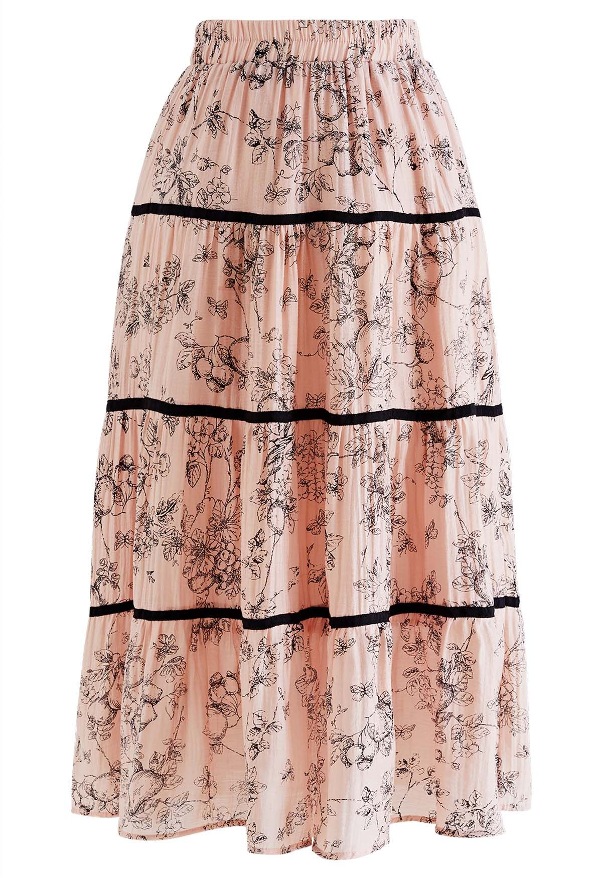 Sketch Garden Contrast Line Midi Skirt in Pink