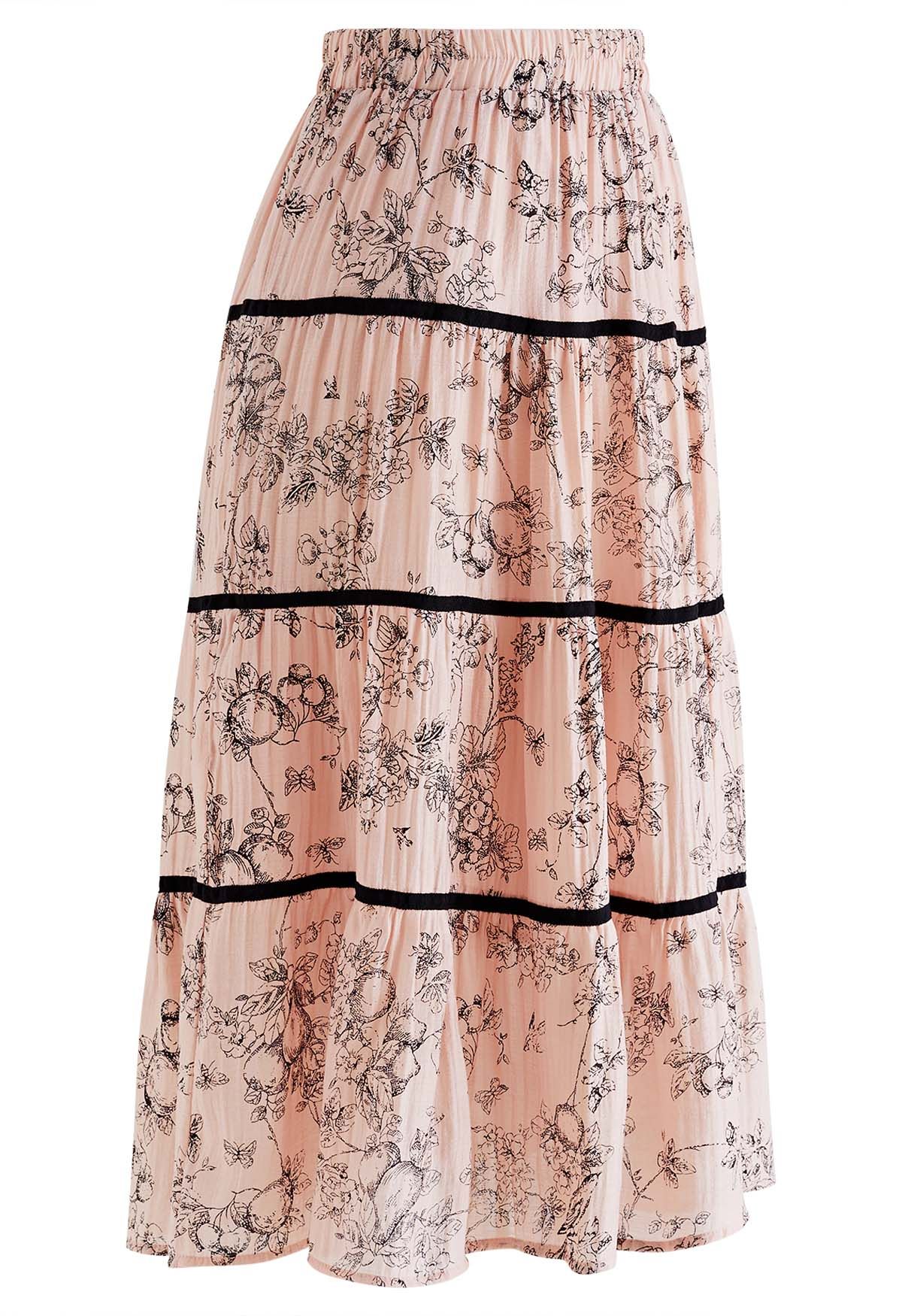 Sketch Garden Contrast Line Midi Skirt in Pink