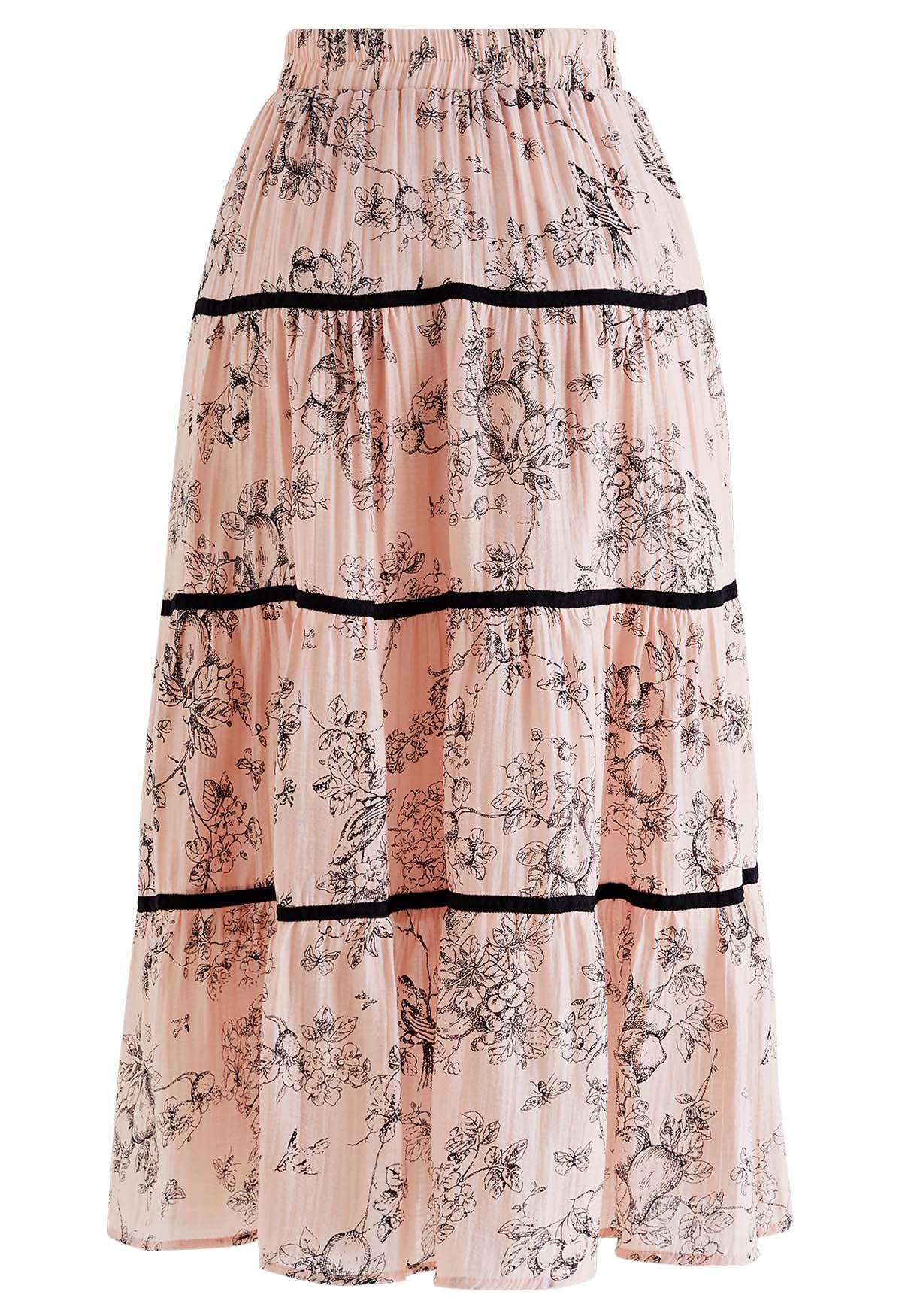 Sketch Garden Contrast Line Midi Skirt in Pink