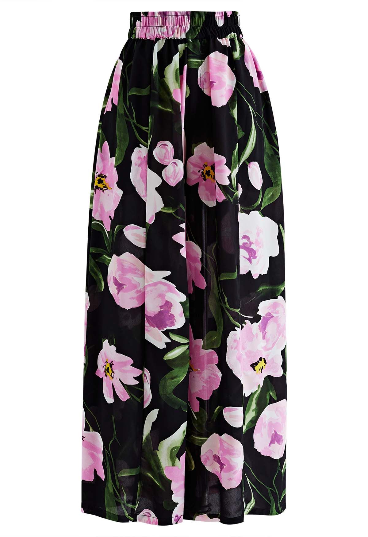 Elastic Waist Wide-Leg Pants in Pink Floral