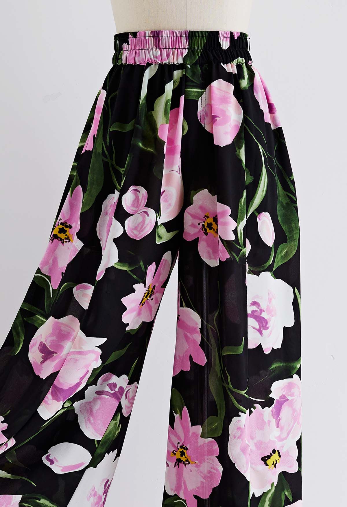 Elastic Waist Wide-Leg Pants in Pink Floral