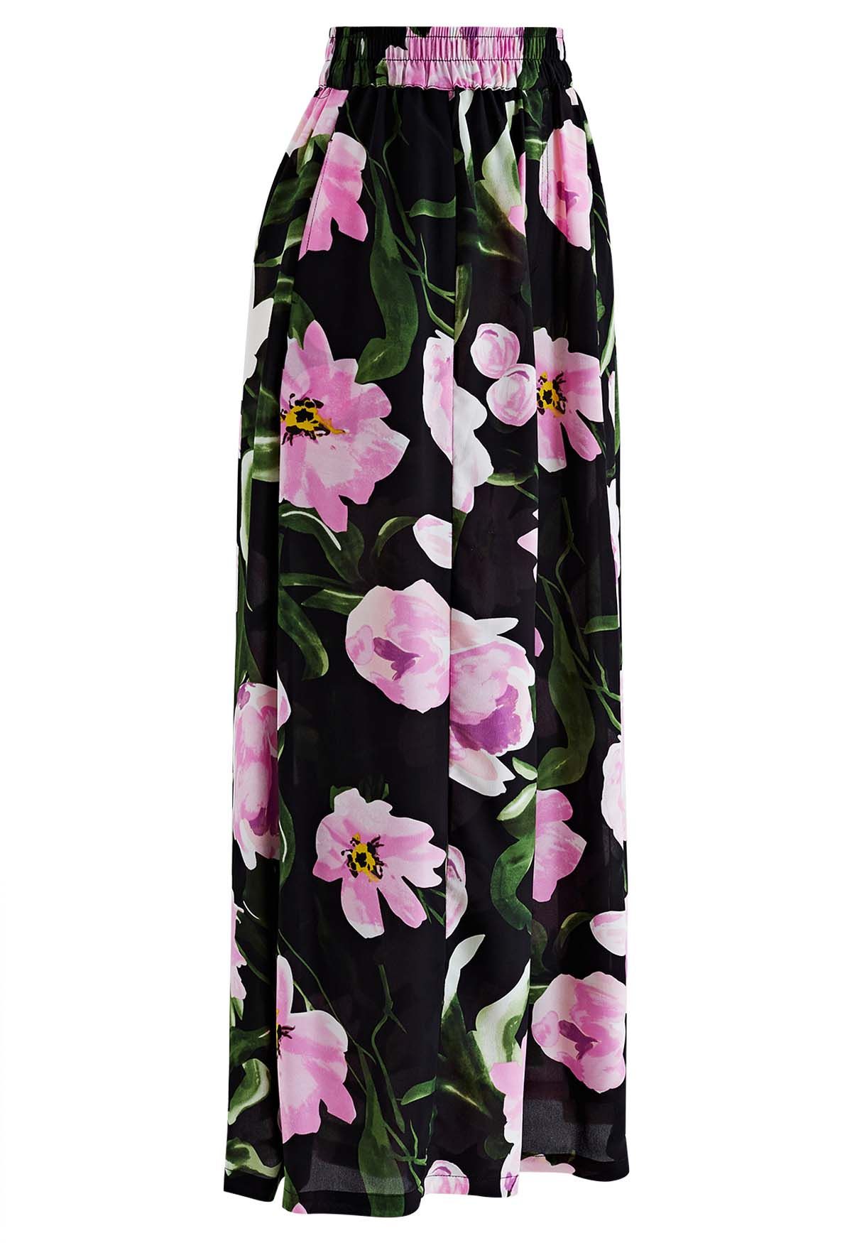 Elastic Waist Wide-Leg Pants in Pink Floral