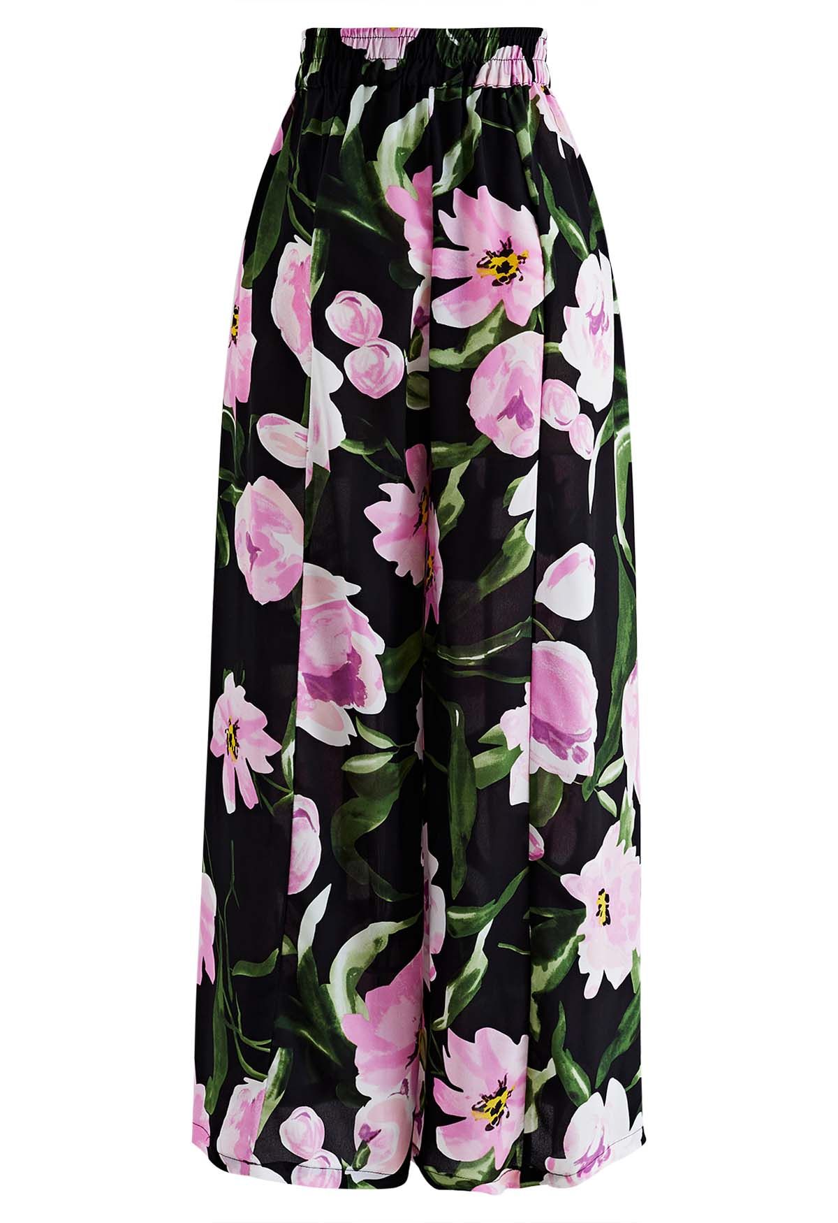 Elastic Waist Wide-Leg Pants in Pink Floral