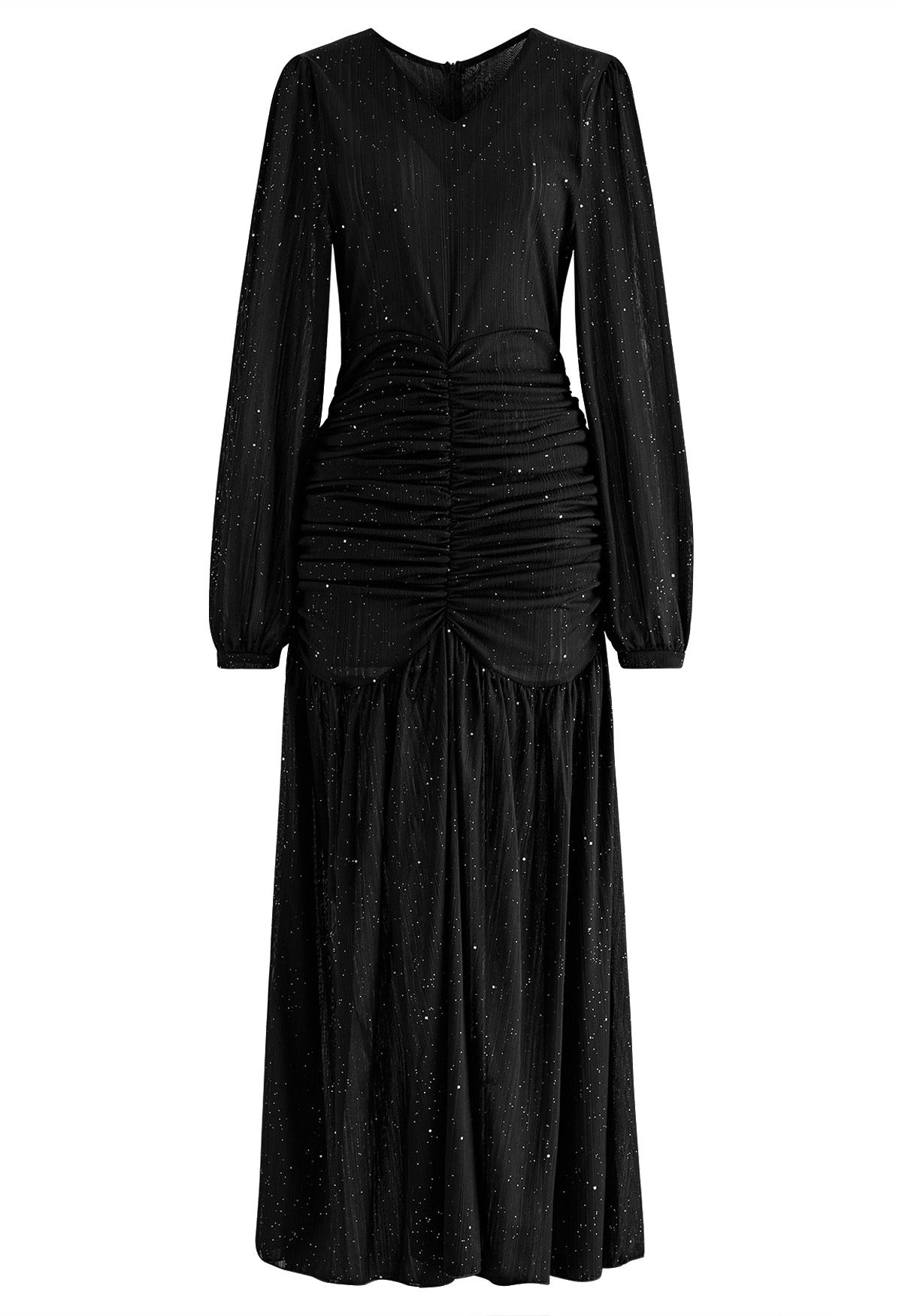 Glitter Ruched Frilling Maxi Dress in Black