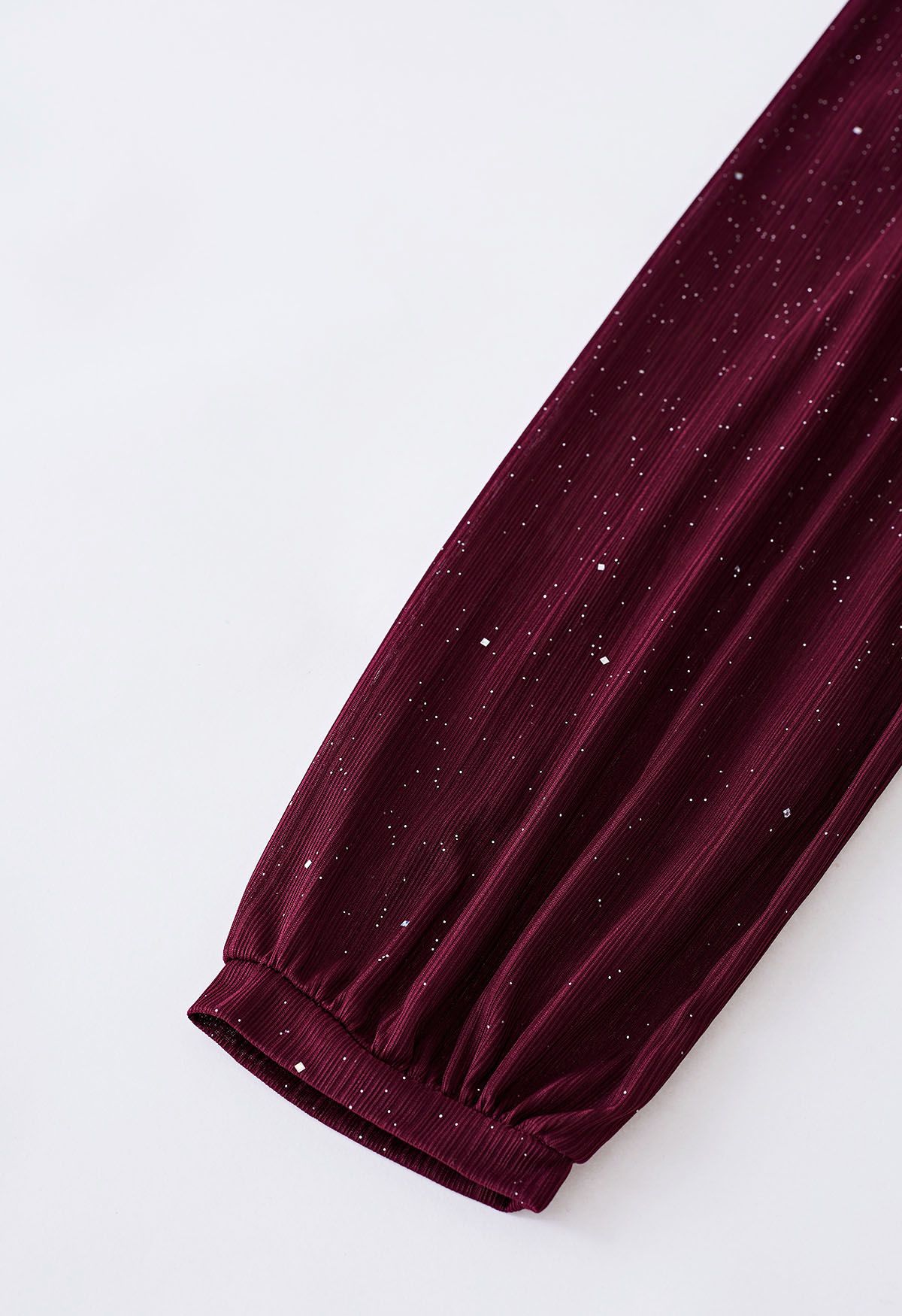 Glitter Ruched Frilling Maxi Dress in Burgundy