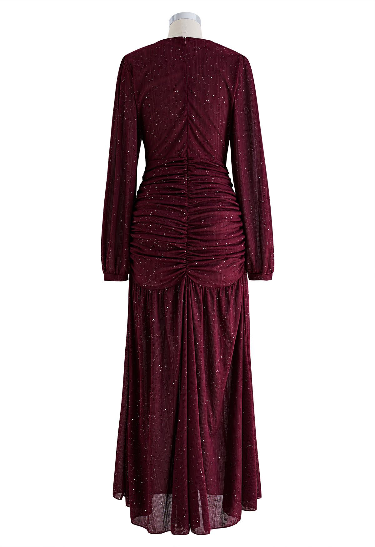 Glitter Ruched Frilling Maxi Dress in Burgundy