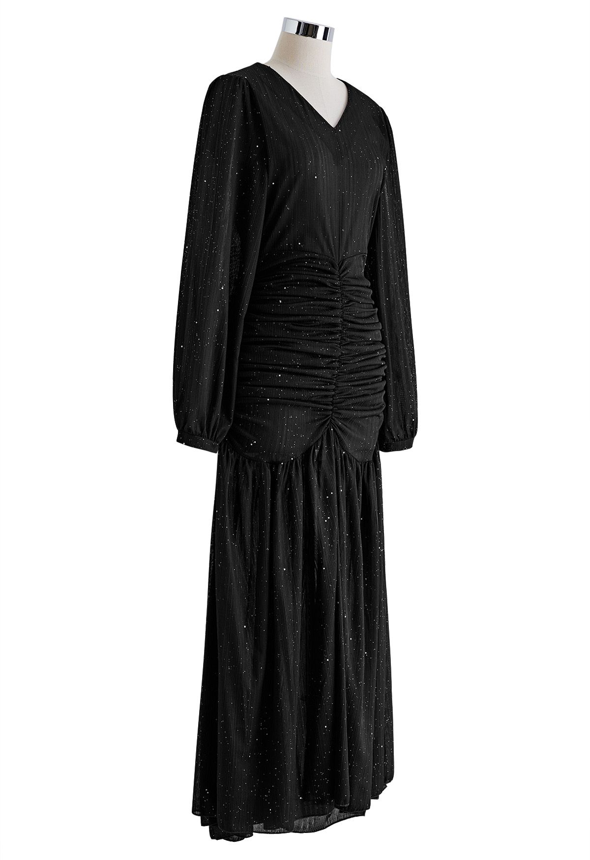 Glitter Ruched Frilling Maxi Dress in Black