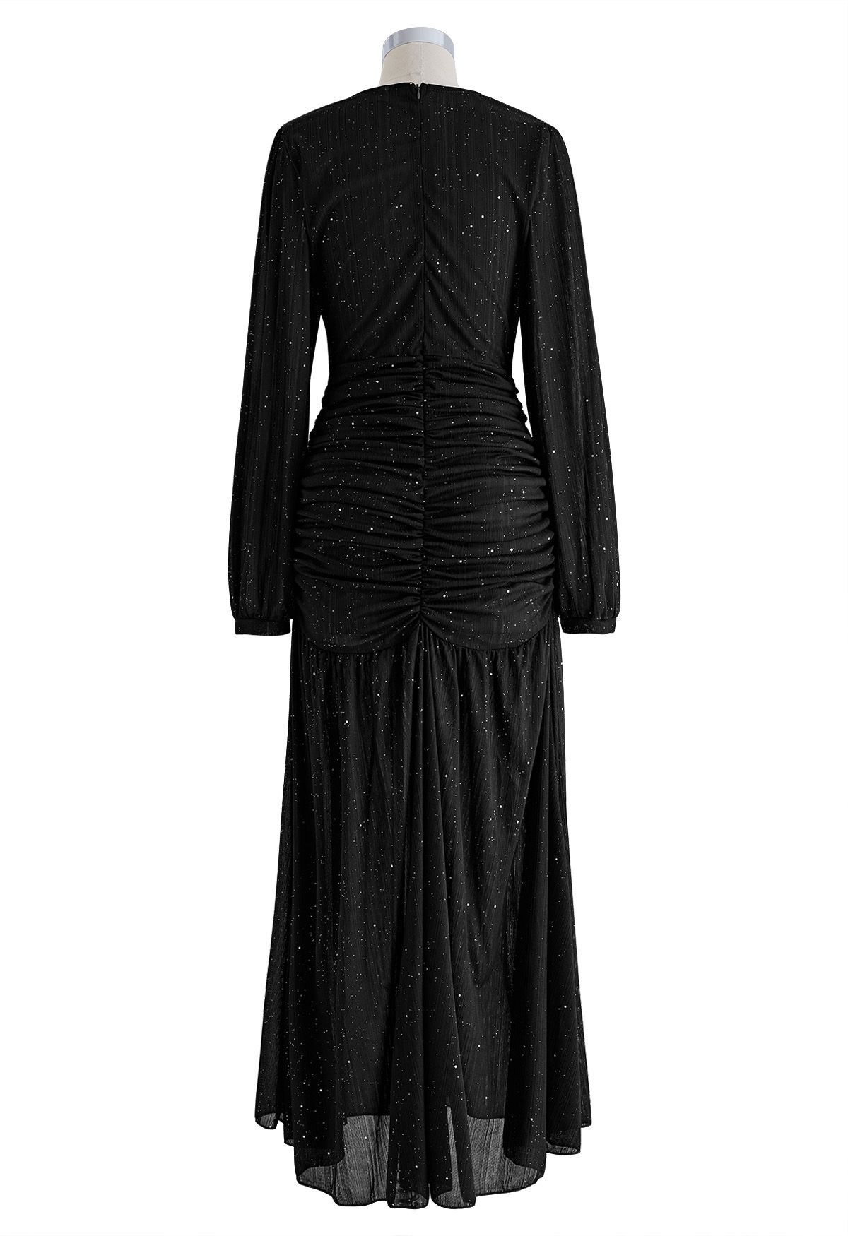 Glitter Ruched Frilling Maxi Dress in Black