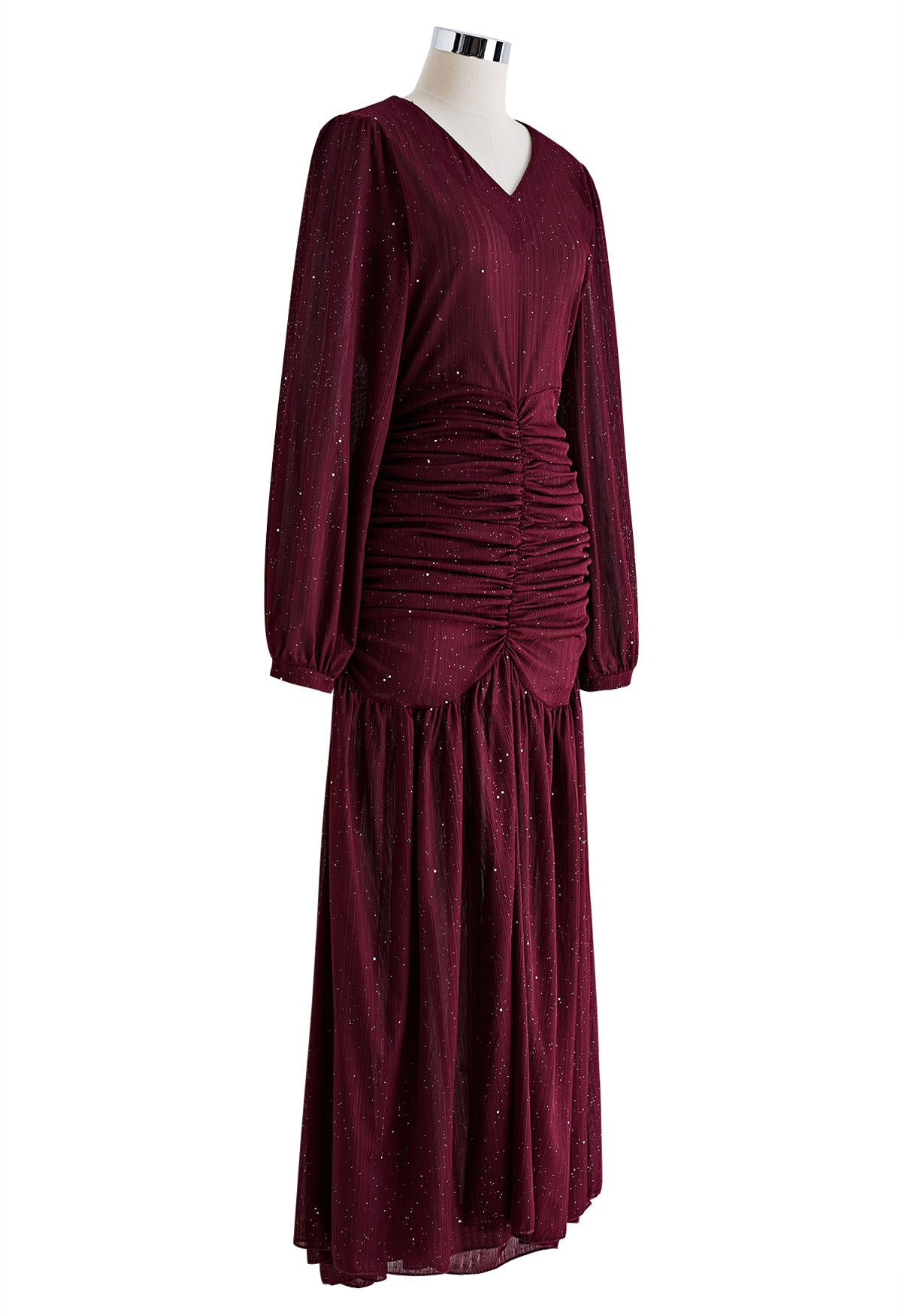 Glitter Ruched Frilling Maxi Dress in Burgundy